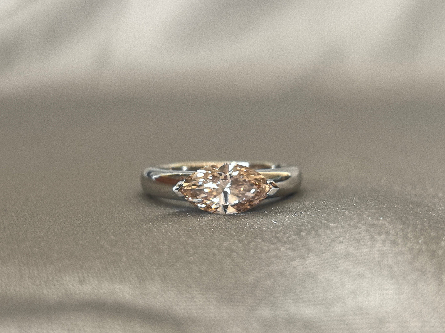 Champagne Marquise Diamond - Round Platinum Band Ring - Minimalist Engagement Ring