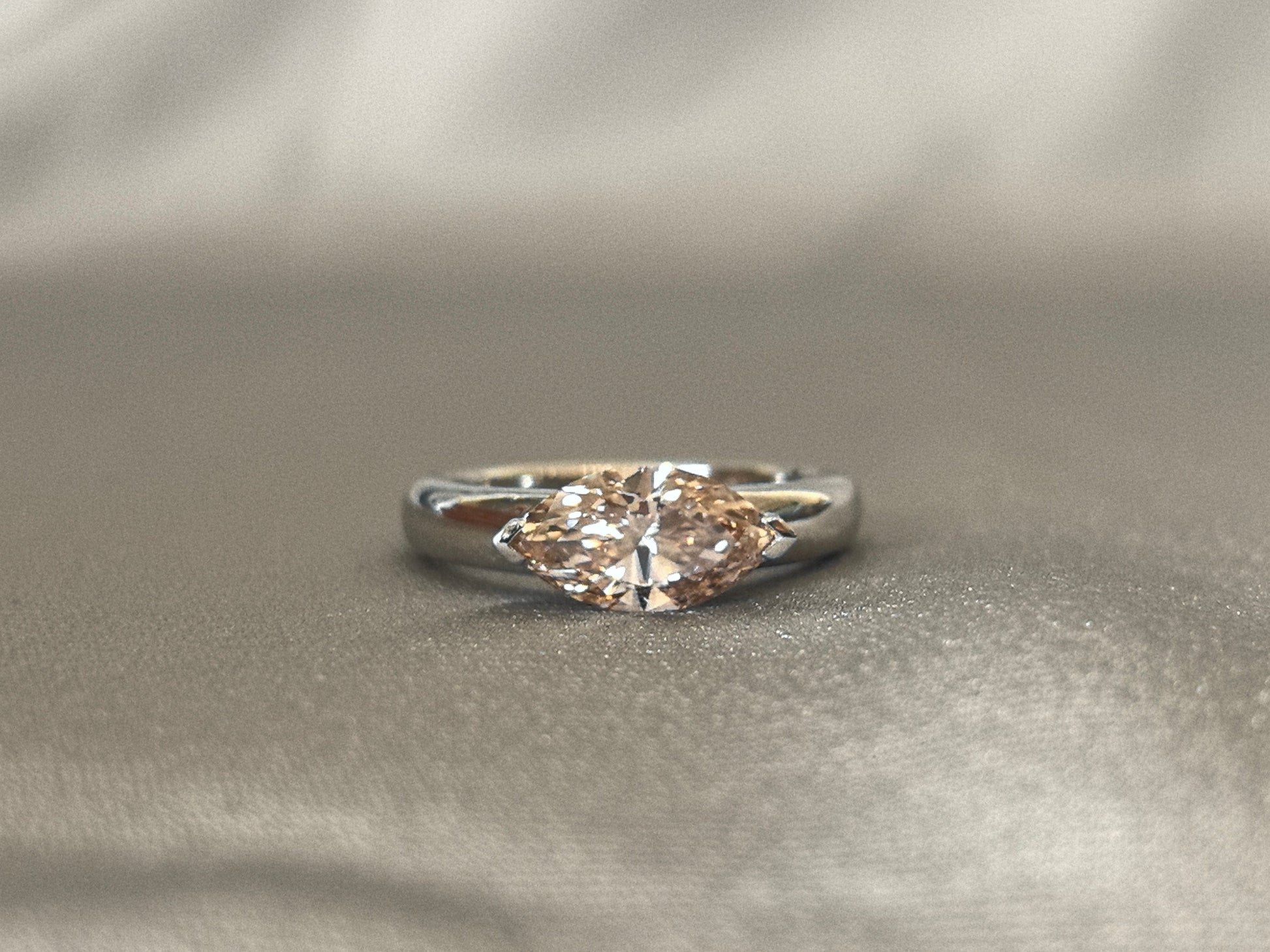 Champagne Marquise Diamond - Round Platinum Band Ring - Minimalist Engagement Ring