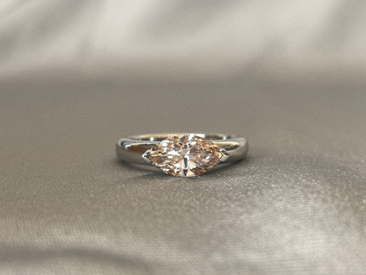 Champagne Marquise Diamond - Round Platinum Band Ring - Minimalist Engagement Ring