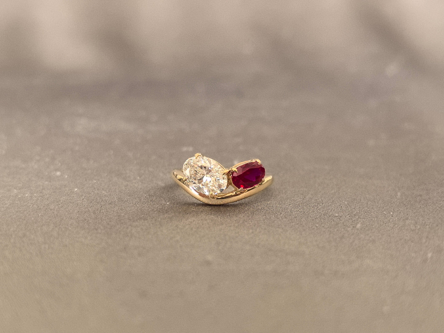 Two-Stone Ring - Oval Center Diamond - Pigeon Blood Ruby