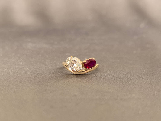 Two-Stone Ring - Oval Center Diamond - Pigeon Blood Ruby