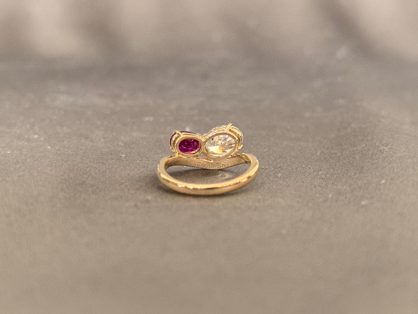 Two-Stone Ring - Oval Center Diamond - Pigeon Blood Ruby