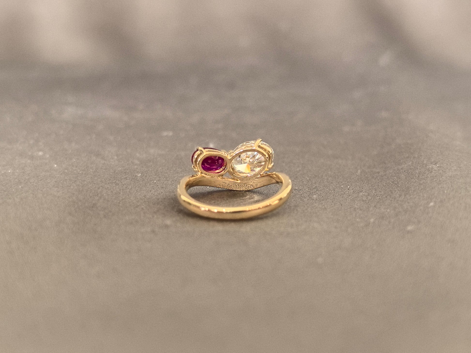 Two-Stone Ring - Oval Center Diamond - Pigeon Blood Ruby