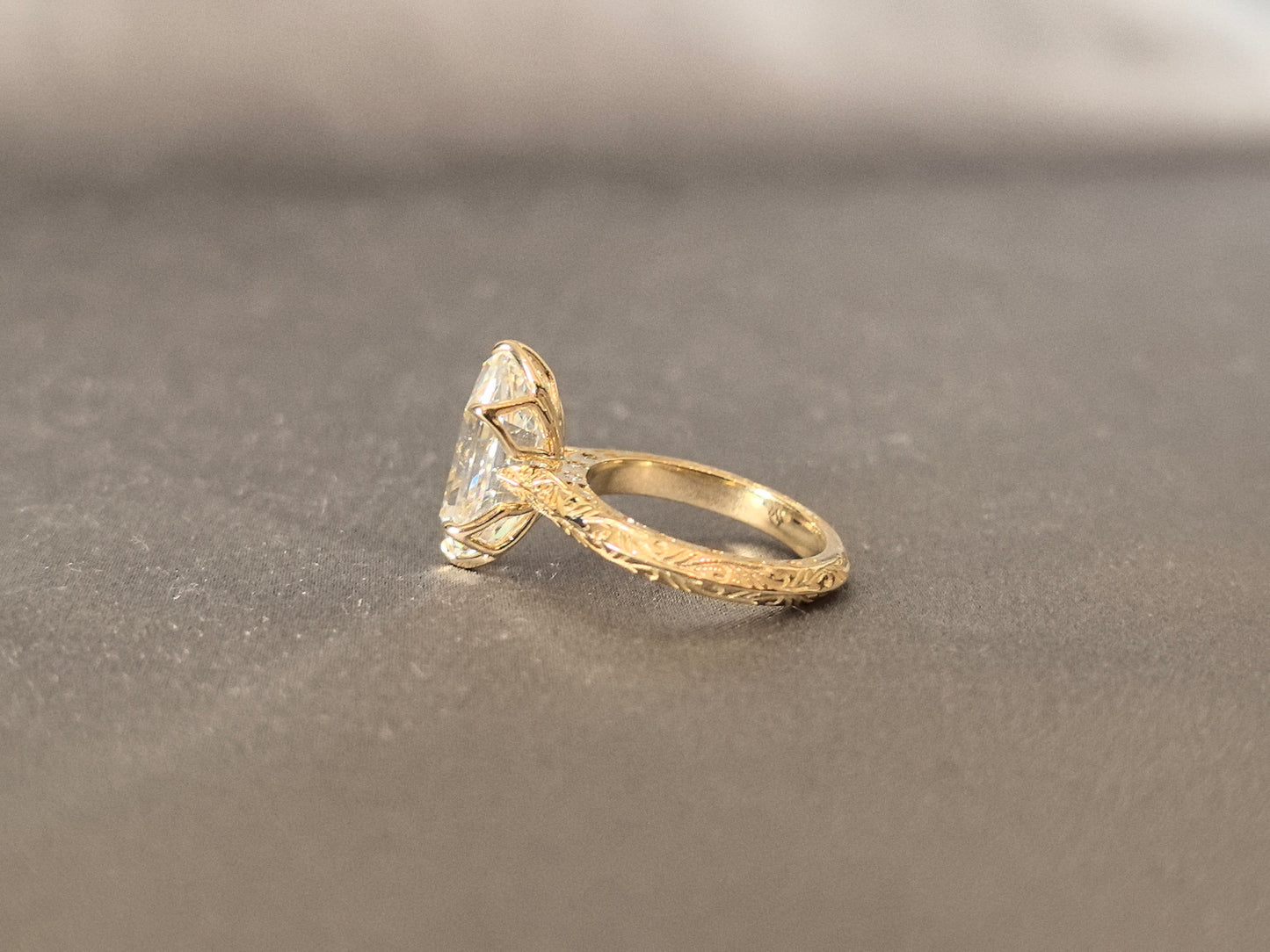 Custom Cut Marquise Diamond Ring - Round Shank - Fine Engraving