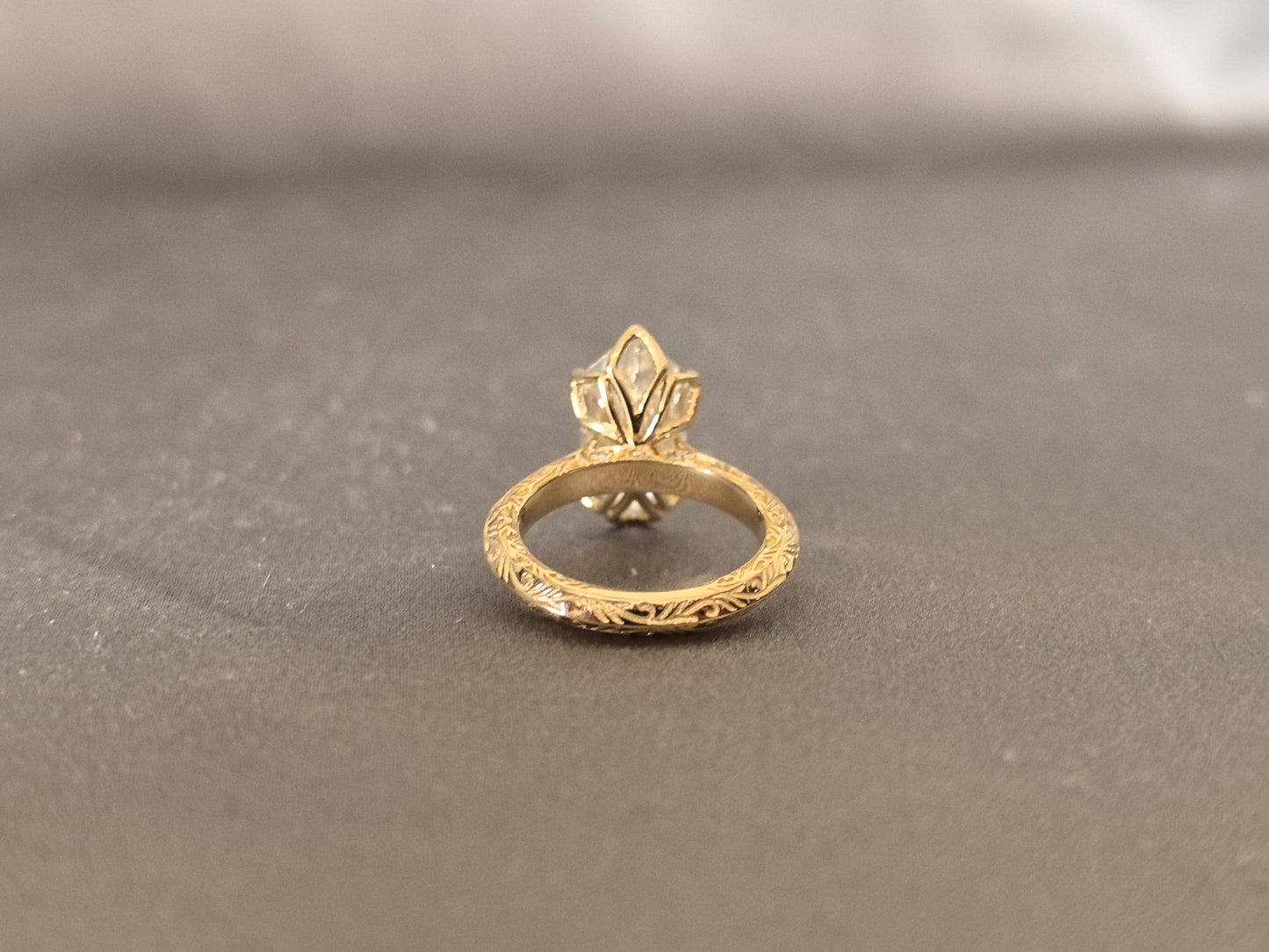 Custom Cut Marquise Diamond Ring - Round Shank - Fine Engraving
