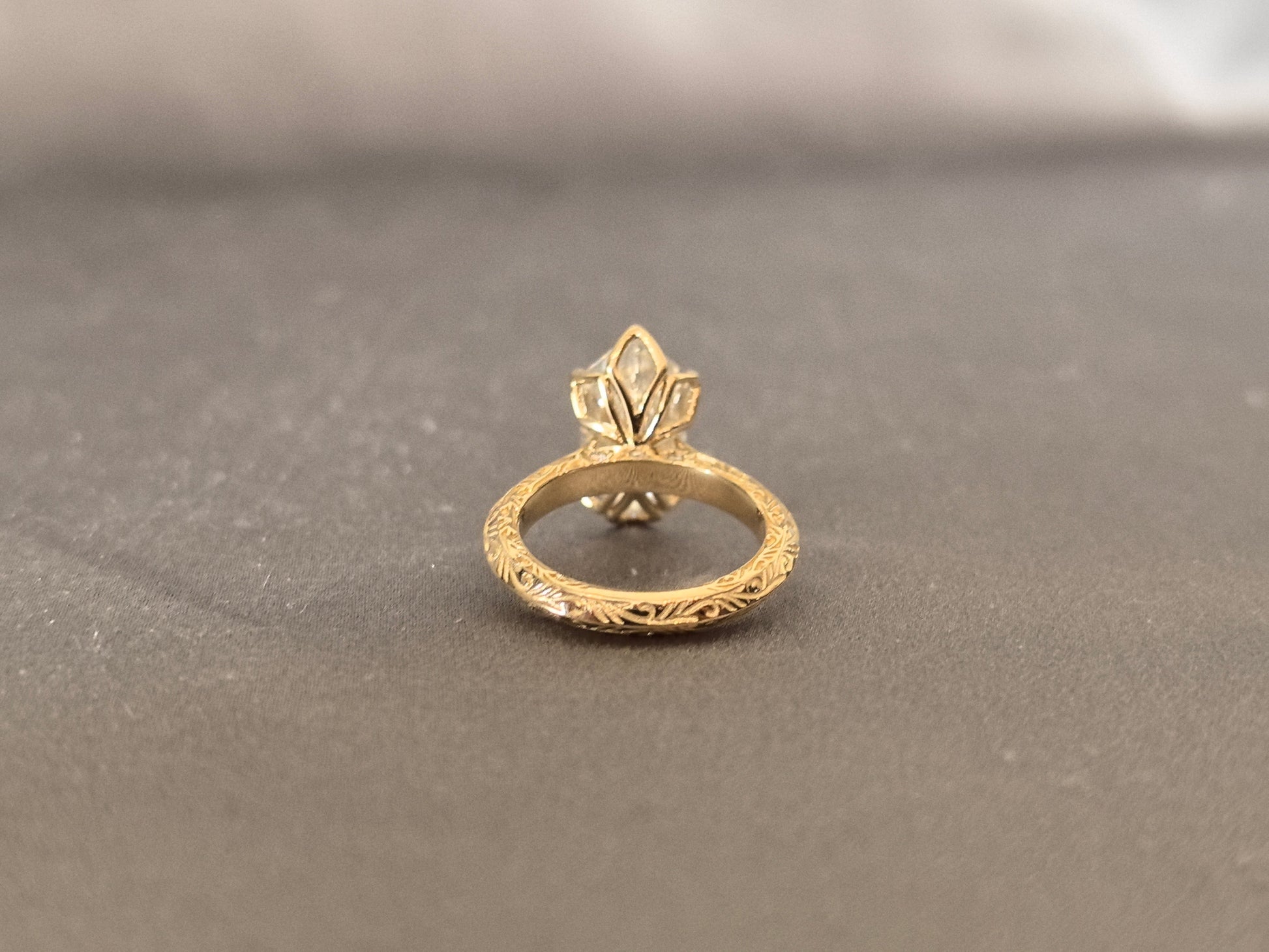 Custom Cut Marquise Diamond Ring - Round Shank - Fine Engraving