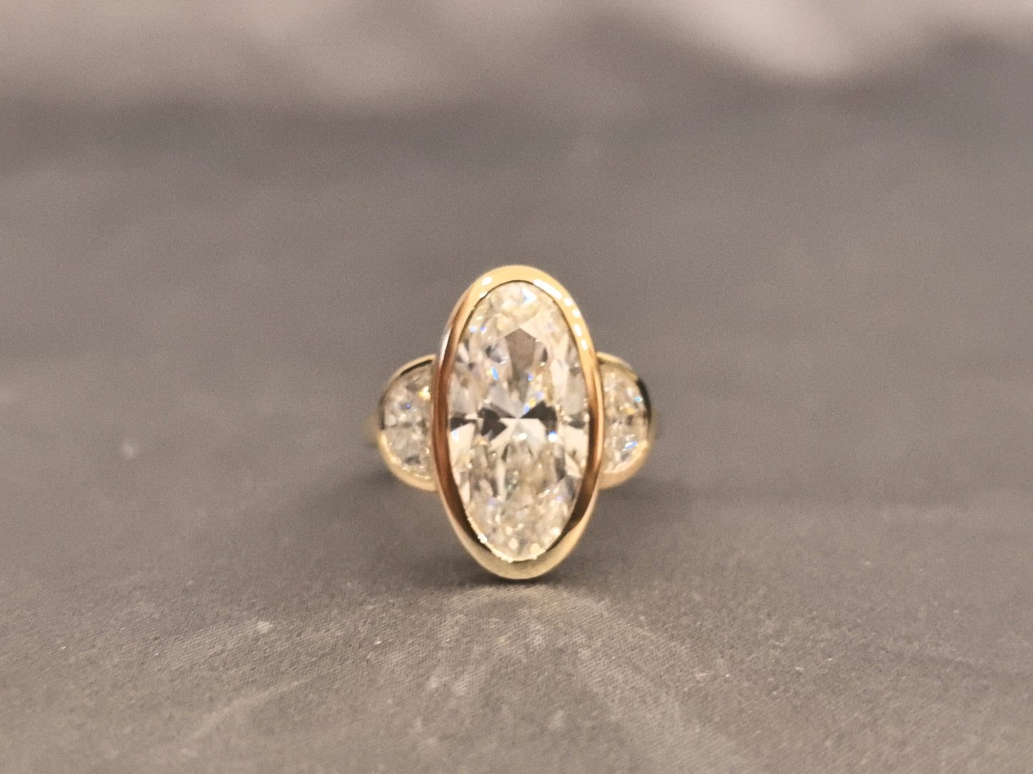 Moval Three Stone Diamond Ring - Half Moon Side Stone - Bezel Setting