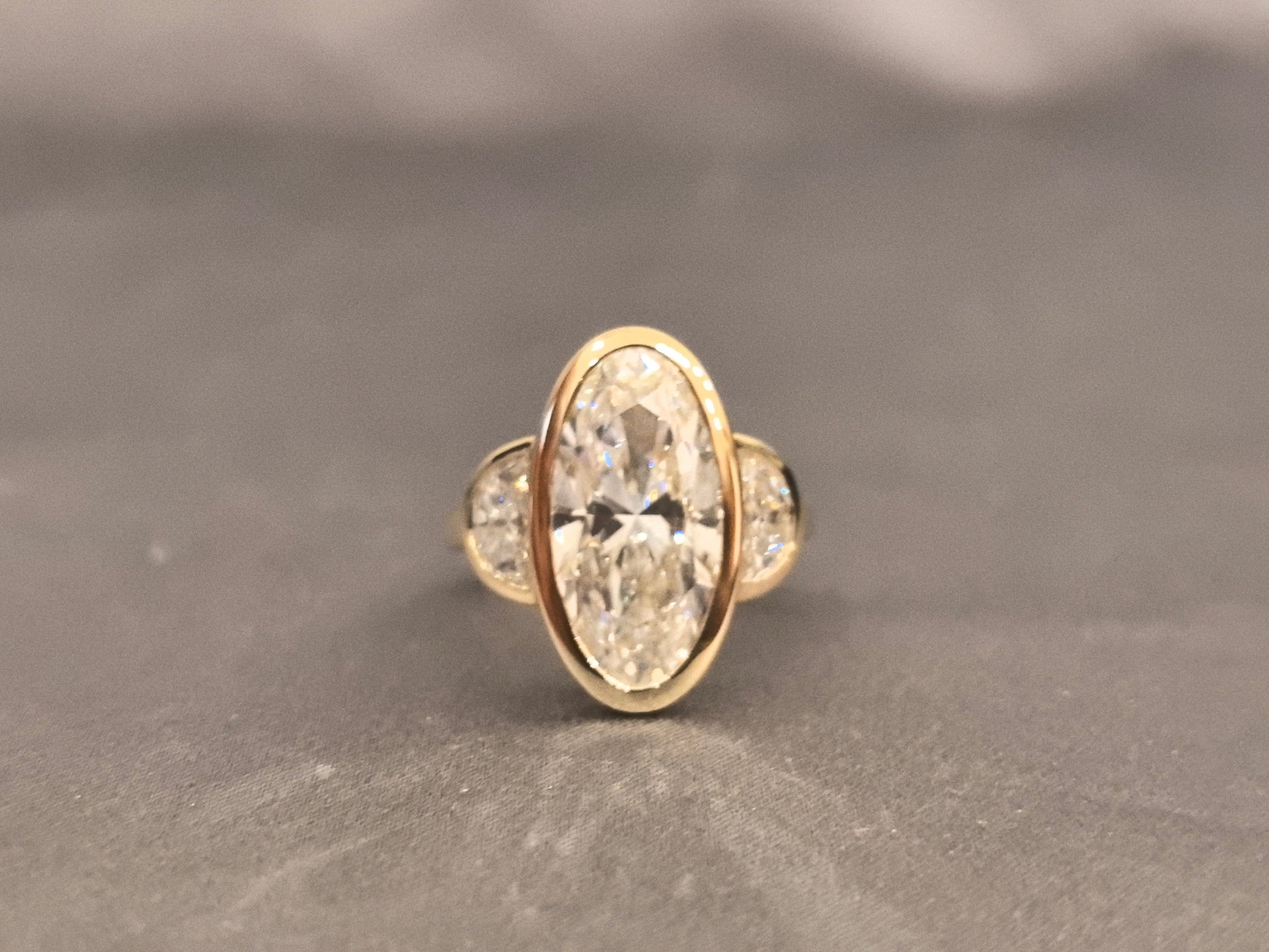 Moval Three Stone Diamond Ring - Half Moon Side Stone - Bezel Setting