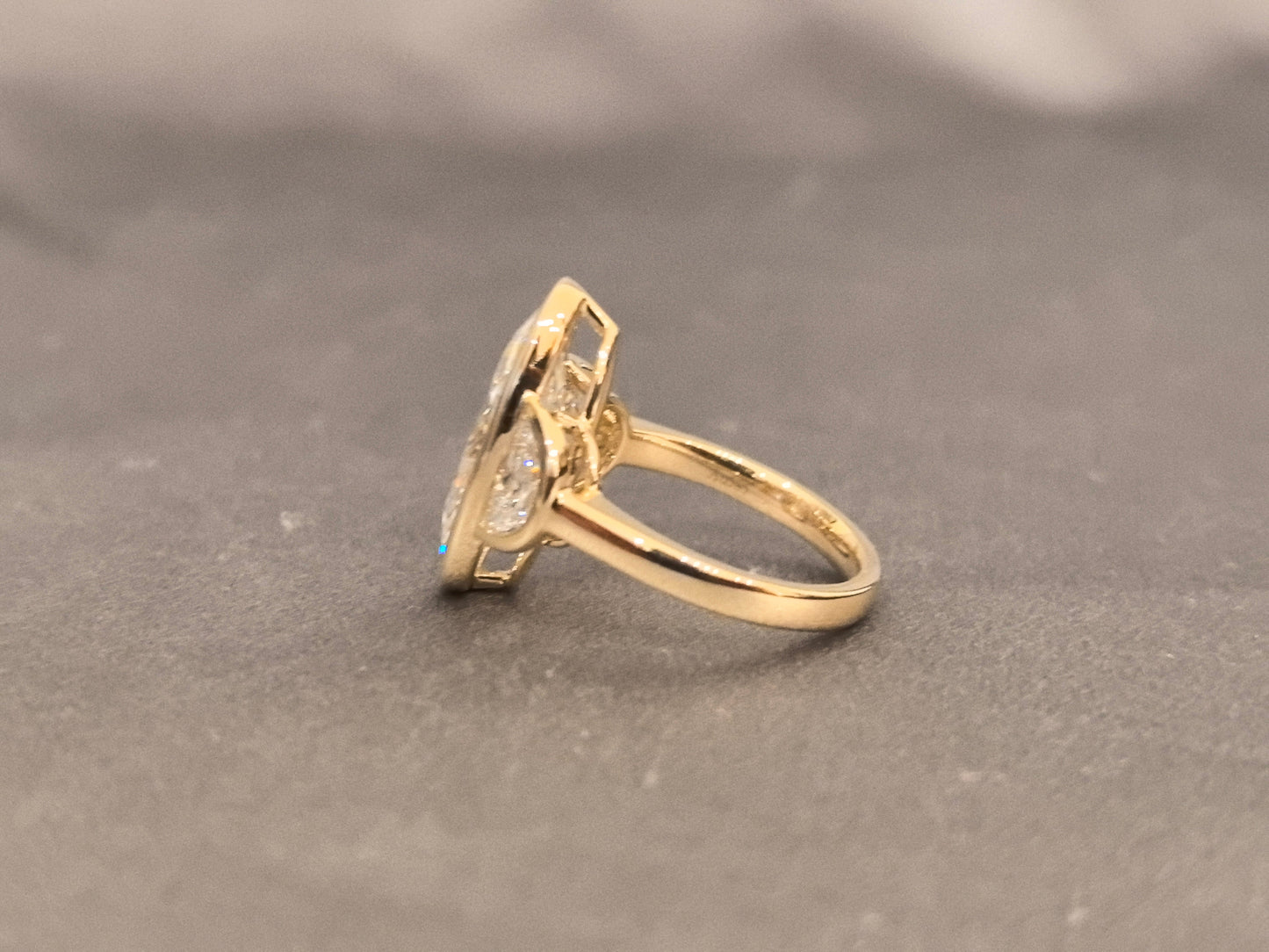 Moval Three Stone Diamond Ring - Half Moon Side Stone - Bezel Setting
