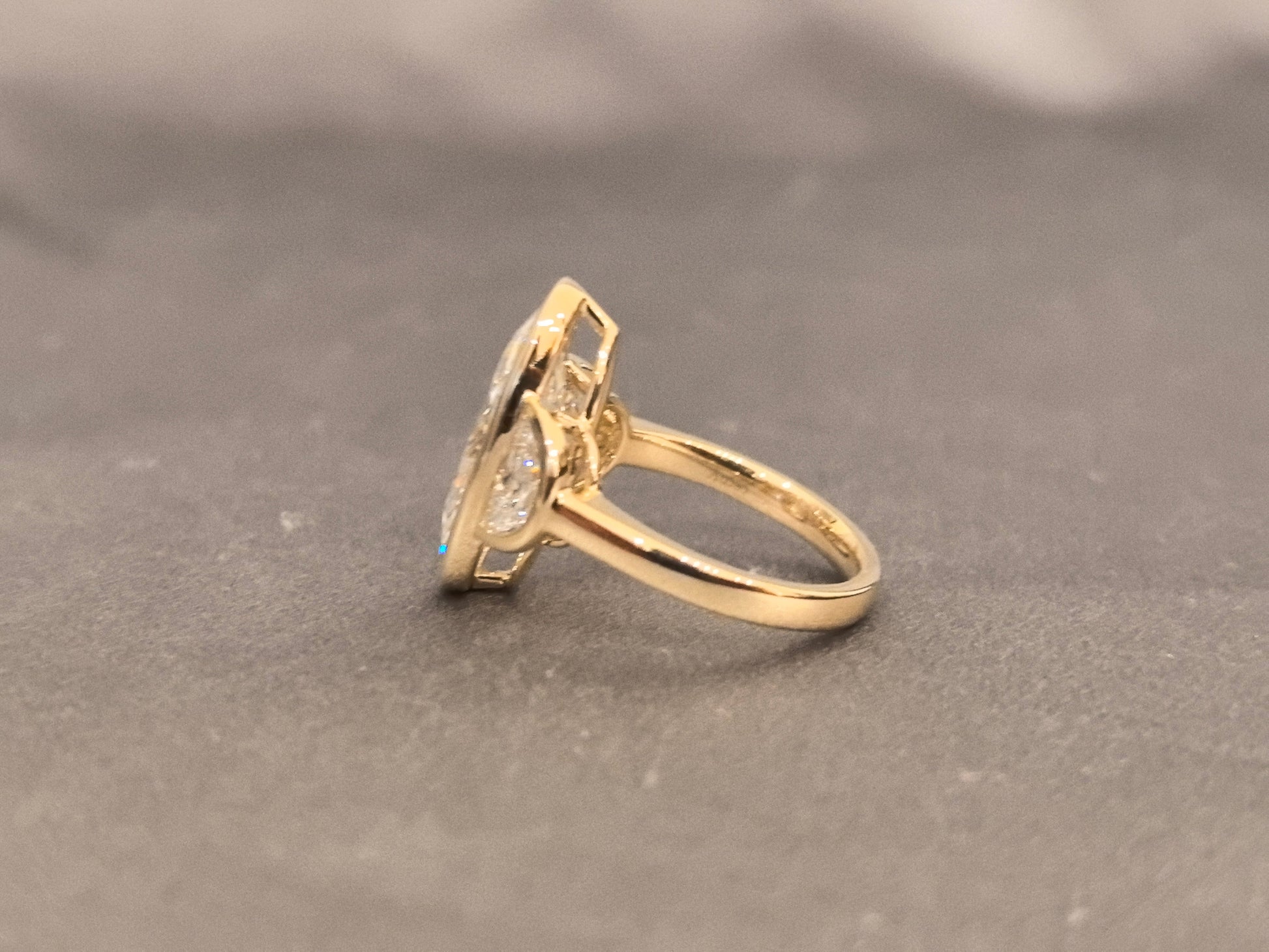 Moval Three Stone Diamond Ring - Half Moon Side Stone - Bezel Setting