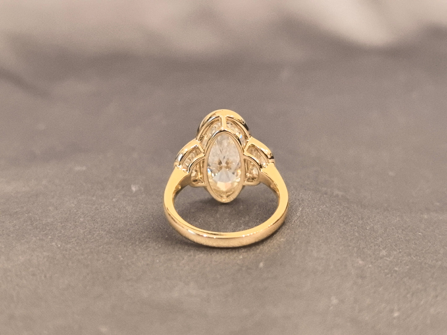 Moval Three Stone Diamond Ring - Half Moon Side Stone - Bezel Setting