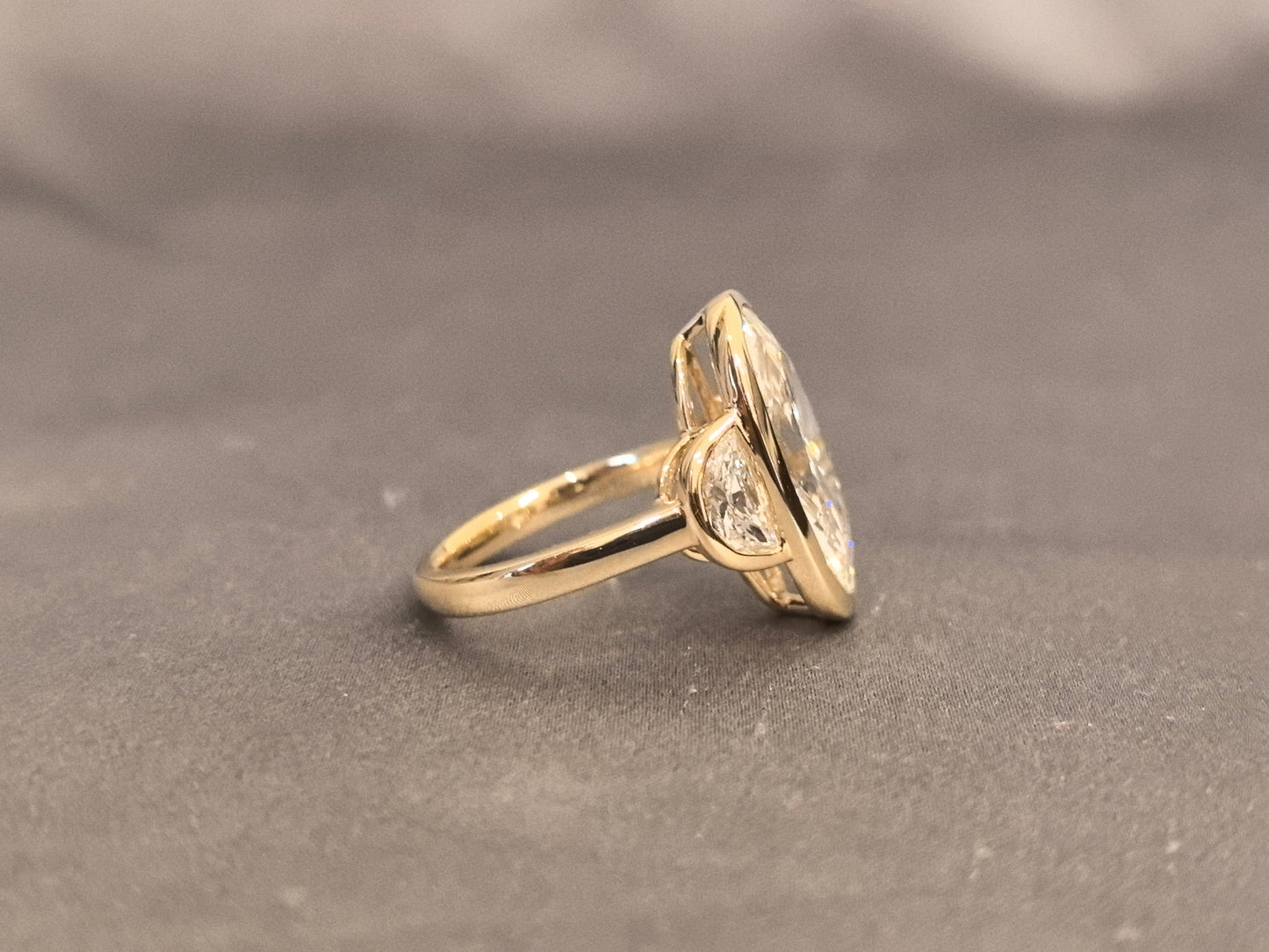 Moval Three Stone Diamond Ring - Half Moon Side Stone - Bezel Setting