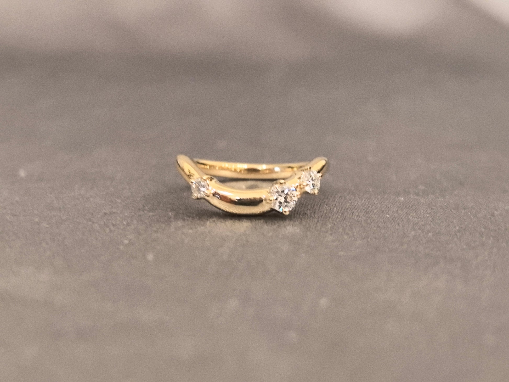 Curved Diamond Wedding Band - Three-Stone Prong Set - Yellow Gold Stackable Ring