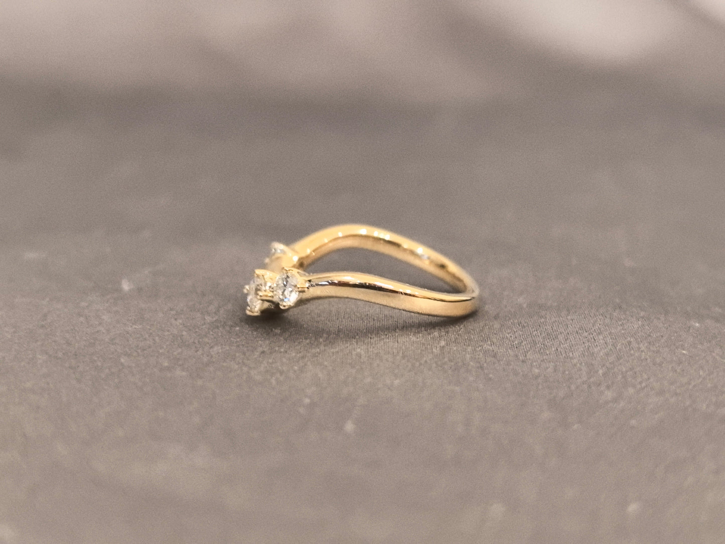 Curved Diamond Wedding Band - Three-Stone Prong Set - Yellow Gold Stackable Ring