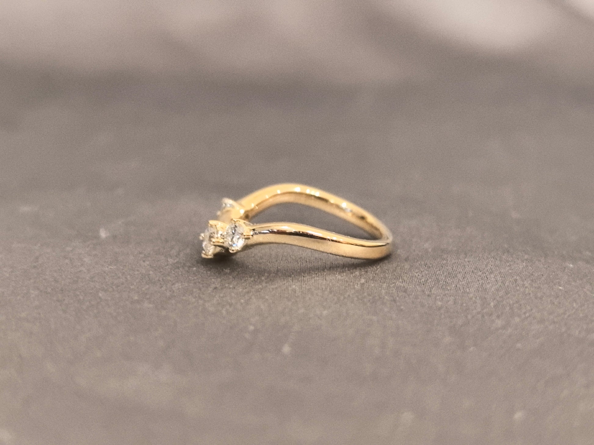 Curved Diamond Wedding Band - Three-Stone Prong Set - Yellow Gold Stackable Ring