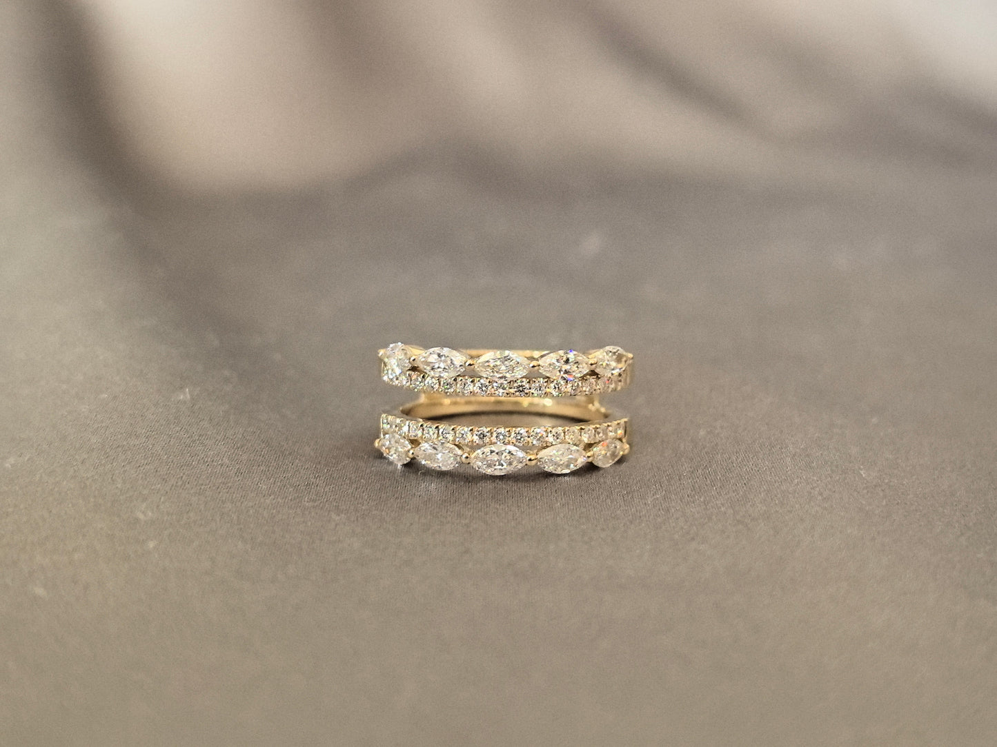 Marquise and round lab diamond double band ring - Jacket Ring - Prong-set and pavé-set combination