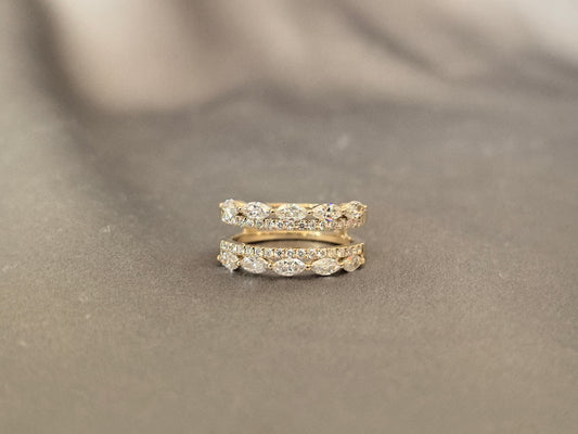Marquise and round lab diamond double band ring - Jacket Ring - Prong-set and pavé-set combination
