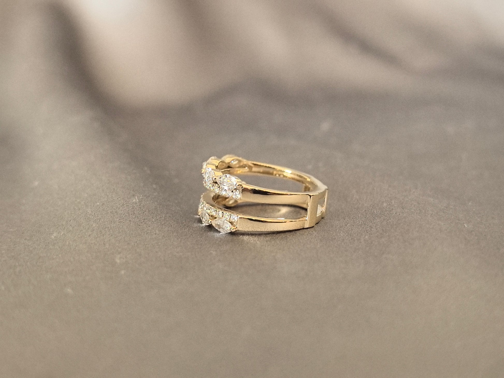 Marquise and round lab diamond double band ring - Jacket Ring - Prong-set and pavé-set combination