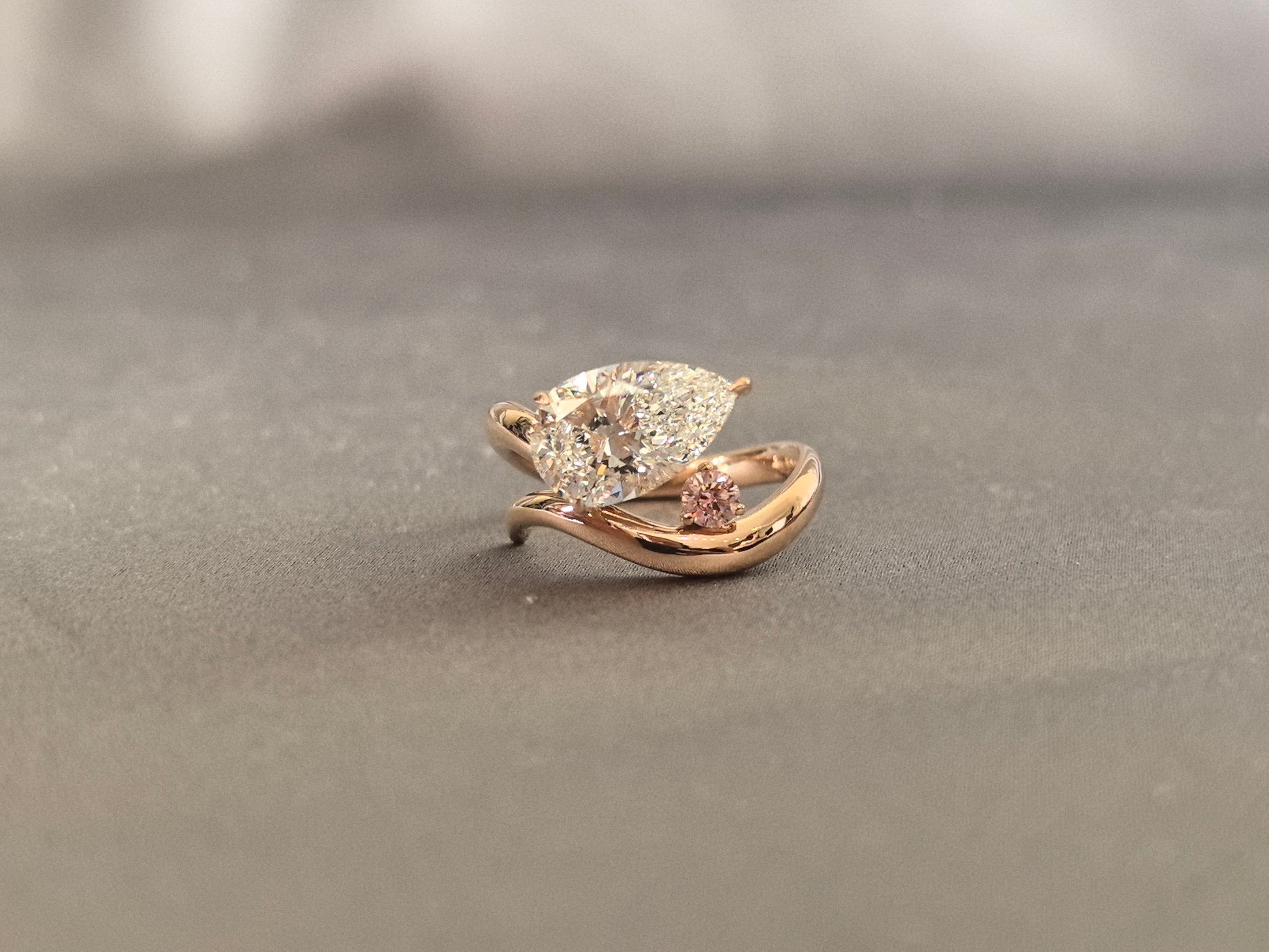 Pear-shaped lab diamond bypass ring - Tiny pink diamond accent - Prong-Set