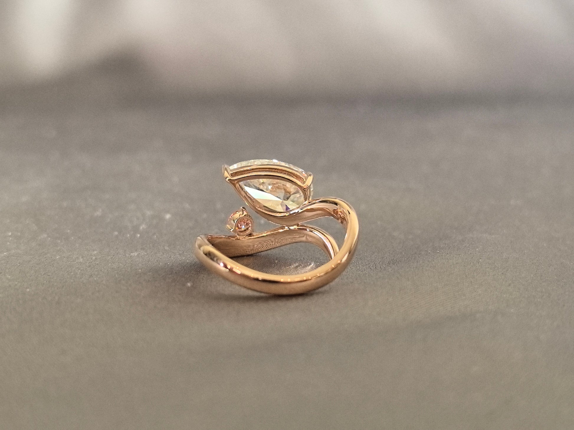 Pear-shaped lab diamond bypass ring - Tiny pink diamond accent - Prong-Set