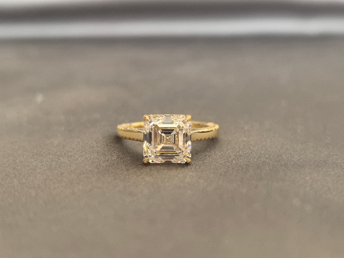 Asscher-cut lab diamond engagement ring - 4-prong set - Pave-set diamond accents on the band