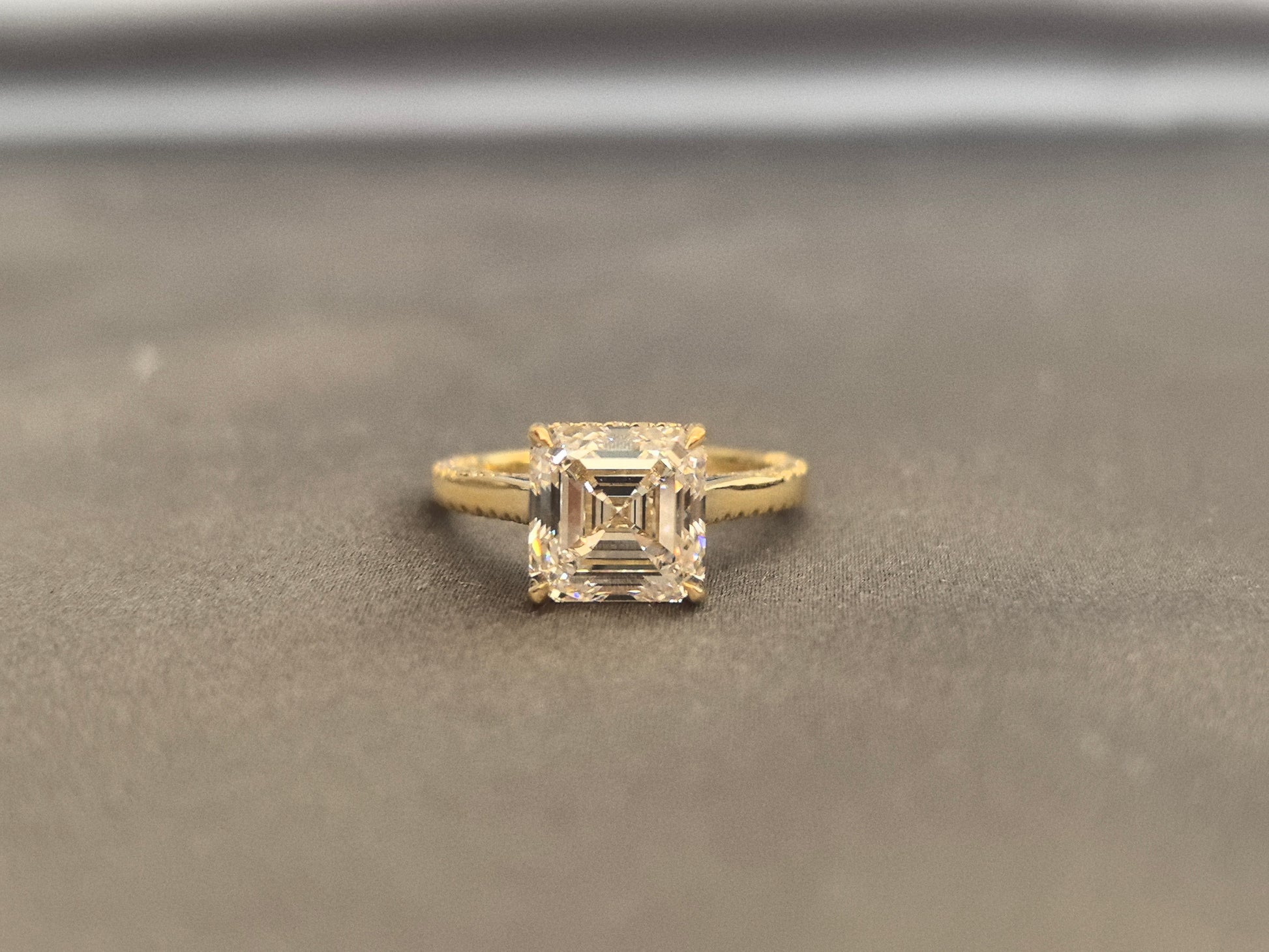 Asscher-cut lab diamond engagement ring - 4-prong set - Pave-set diamond accents on the band