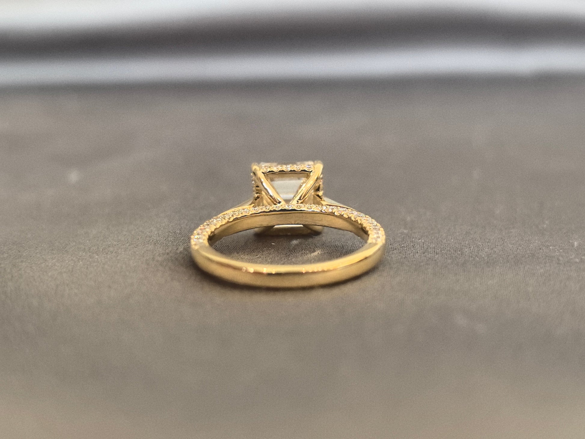 Asscher-cut lab diamond engagement ring - 4-prong set - Pave-set diamond accents on the band