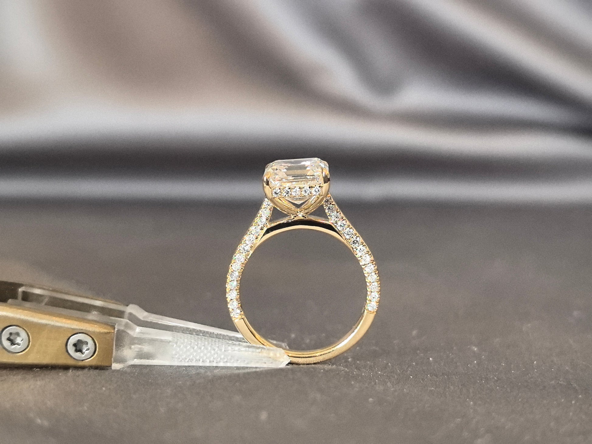 Asscher-cut lab diamond engagement ring - 4-prong set - Pave-set diamond accents on the band