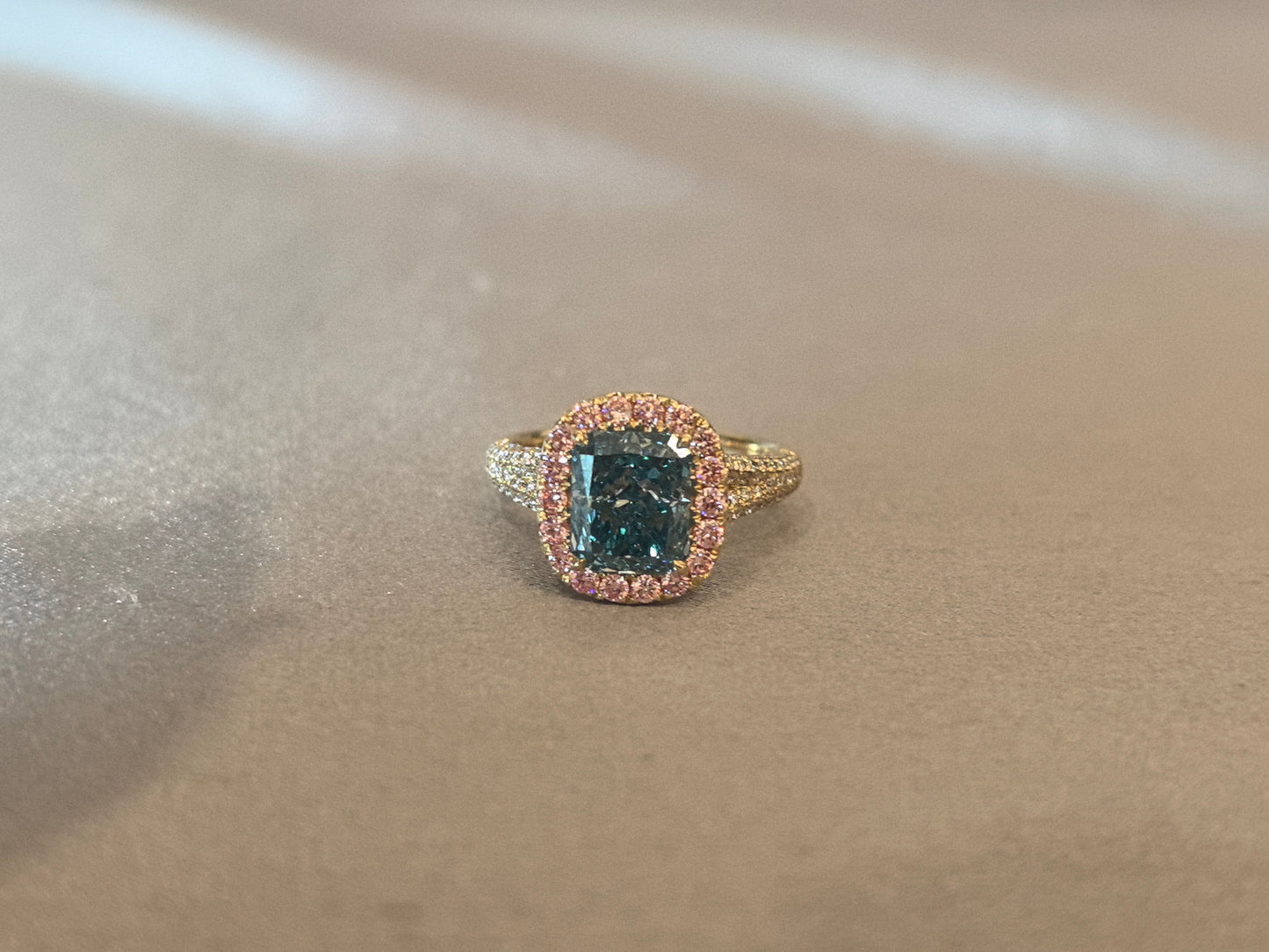 Fancy blue radiant-cut lab diamond engagement ring - Prong-set colored diamond halo - Pink diamond halo split-shank pave