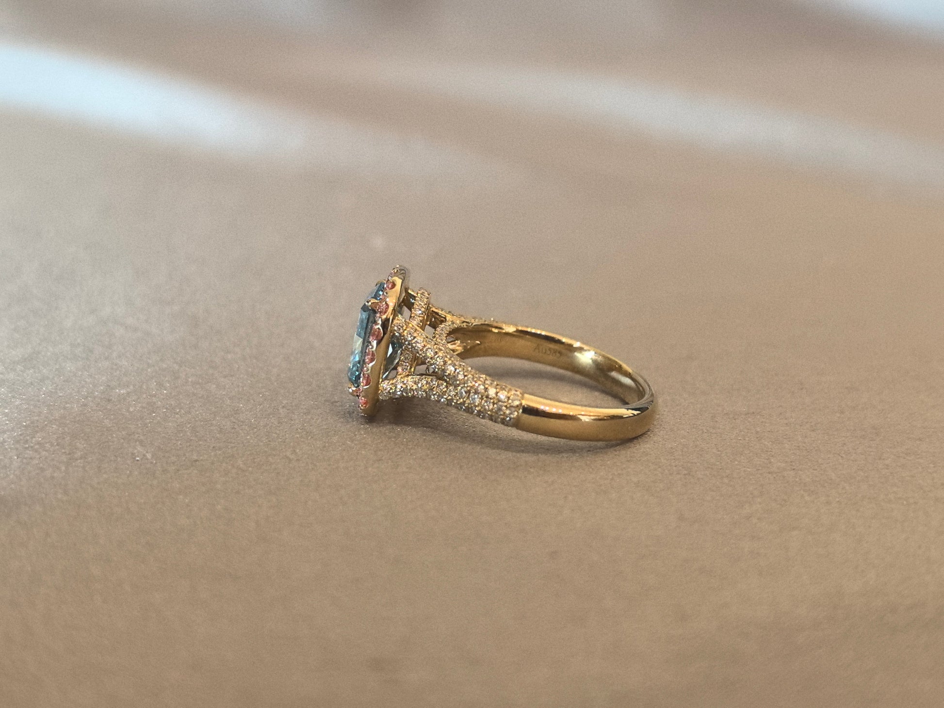 Fancy blue radiant-cut lab diamond engagement ring - Prong-set colored diamond halo - Pink diamond halo split-shank pave