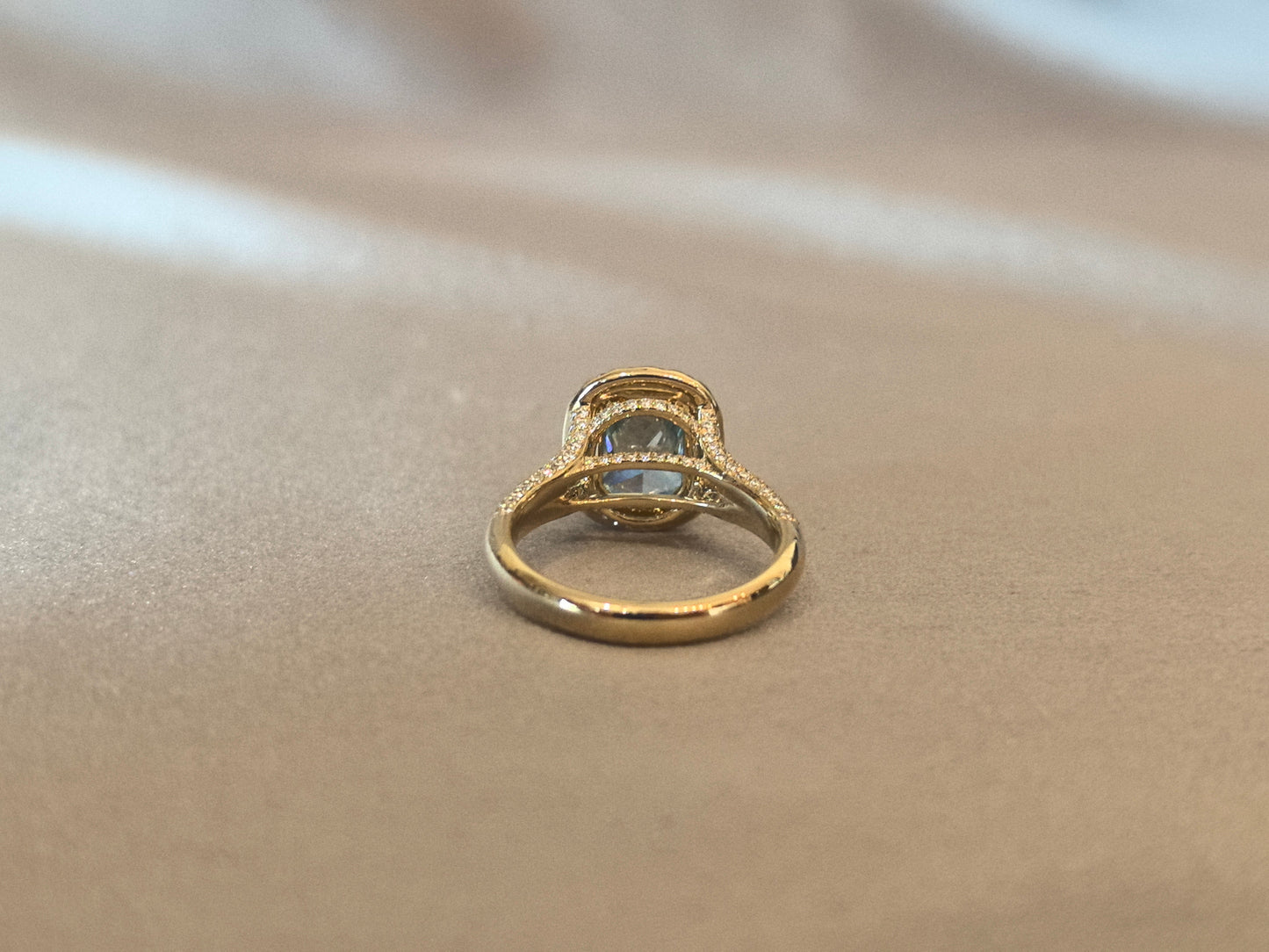 Fancy blue radiant-cut lab diamond engagement ring - Prong-set colored diamond halo - Pink diamond halo split-shank pave