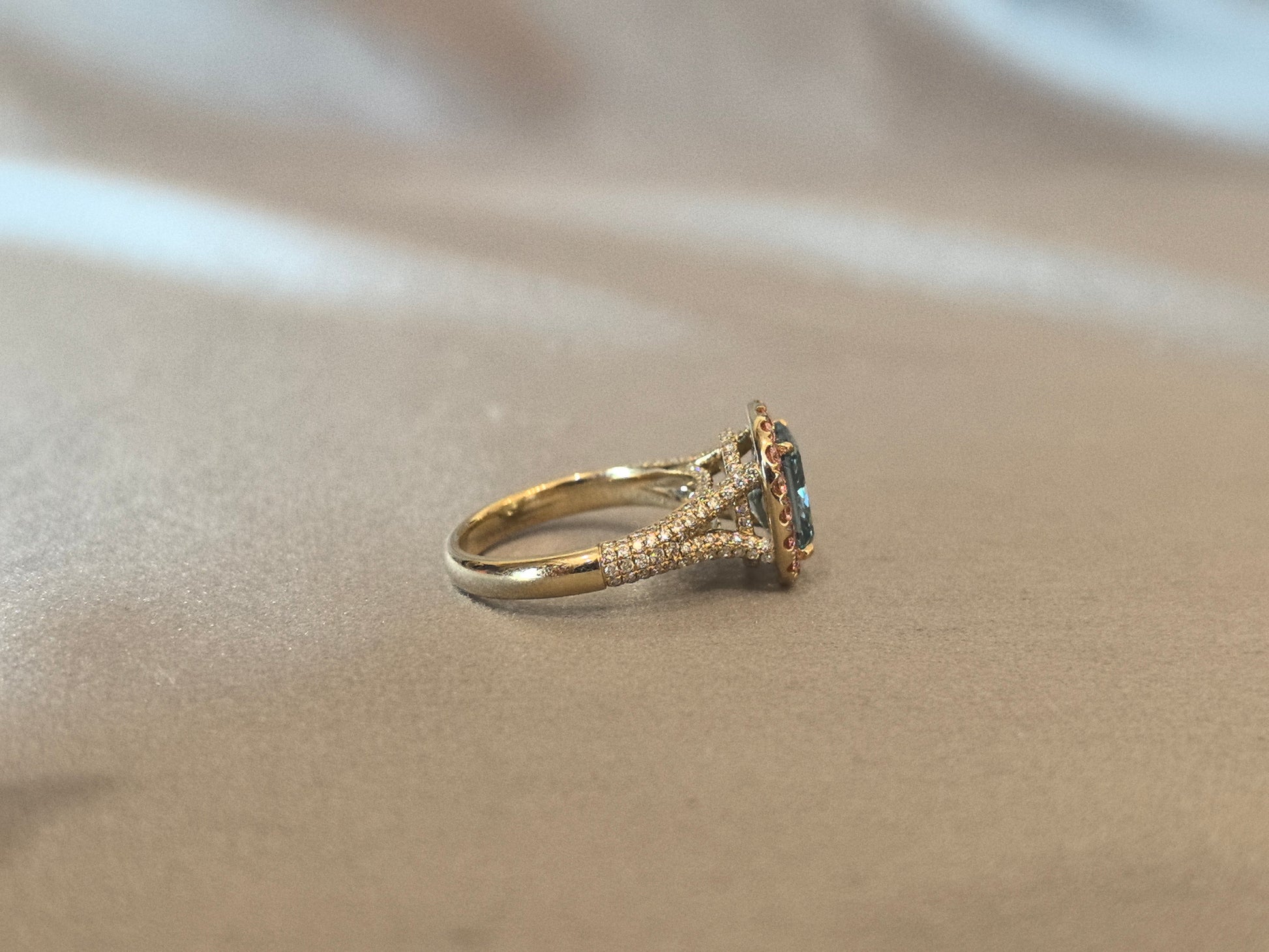 Fancy blue radiant-cut lab diamond engagement ring - Prong-set colored diamond halo - Pink diamond halo split-shank pave