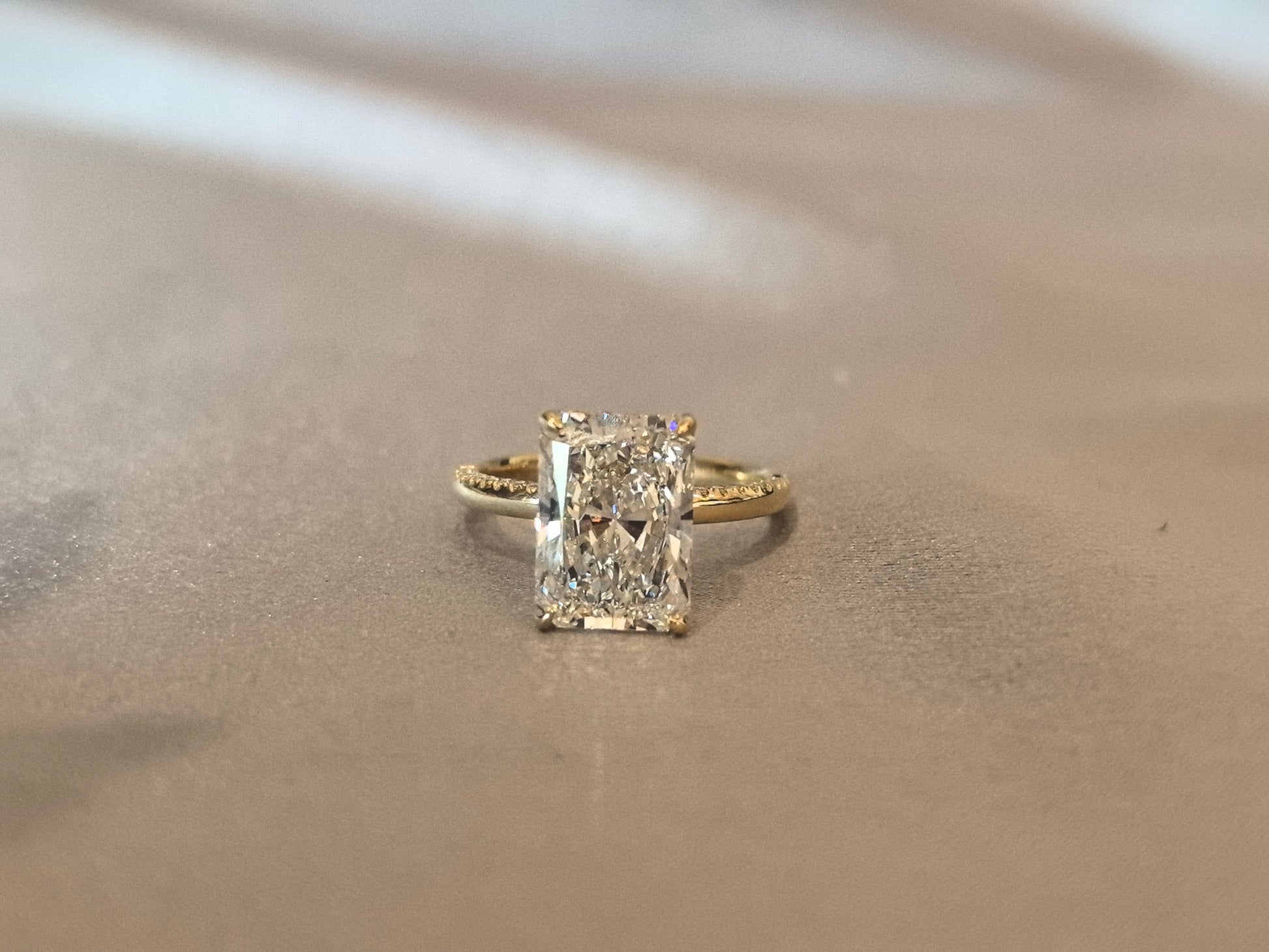 Radiant-cut lab diamond engagement ring - Hidden halo pave diamond ring - Four-prong Set