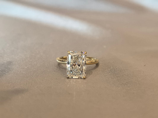 Radiant-cut lab diamond engagement ring - Hidden halo pave diamond ring - Four-prong Set