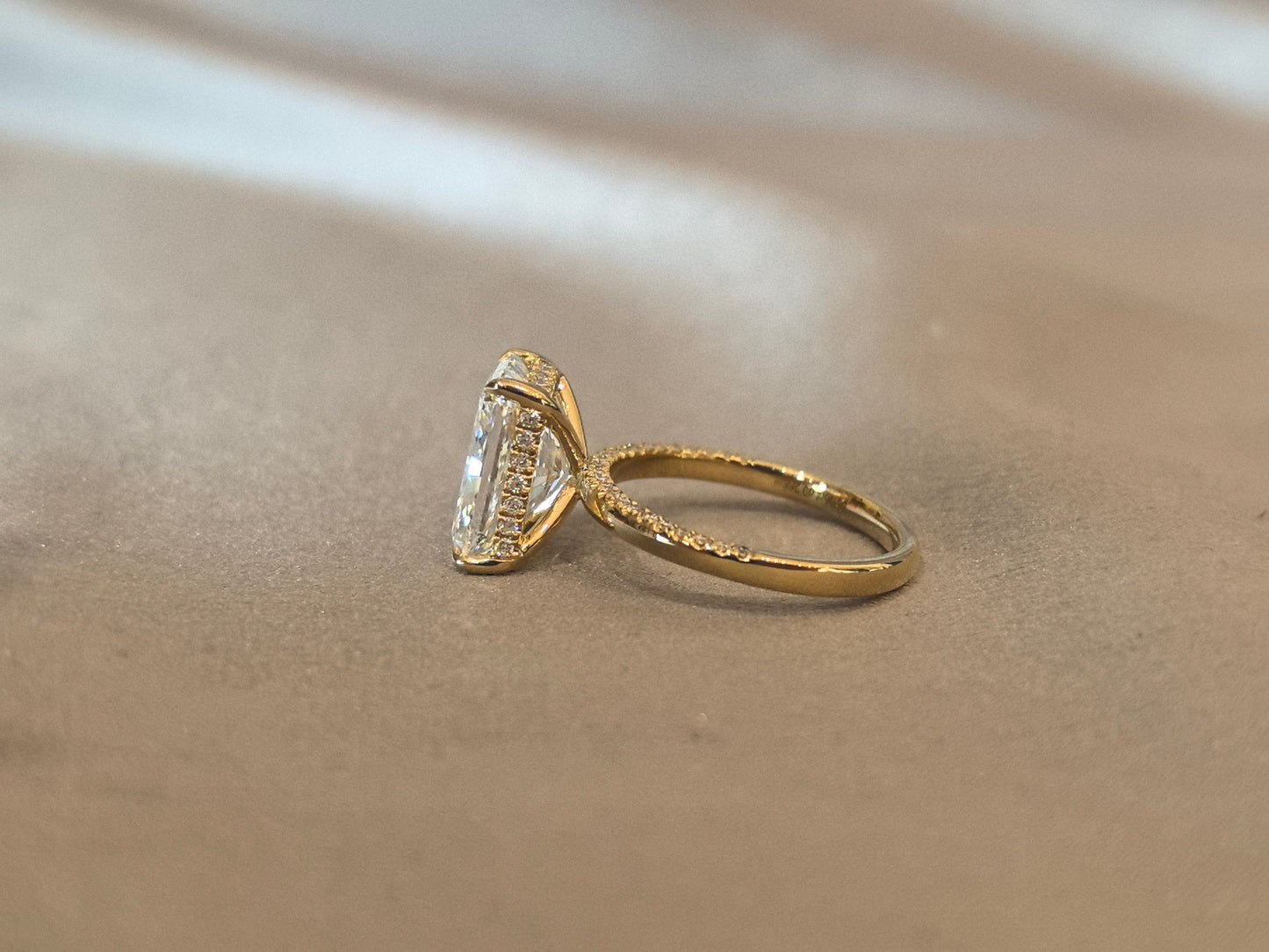 Radiant-cut lab diamond engagement ring - Hidden halo pave diamond ring - Four-prong Set
