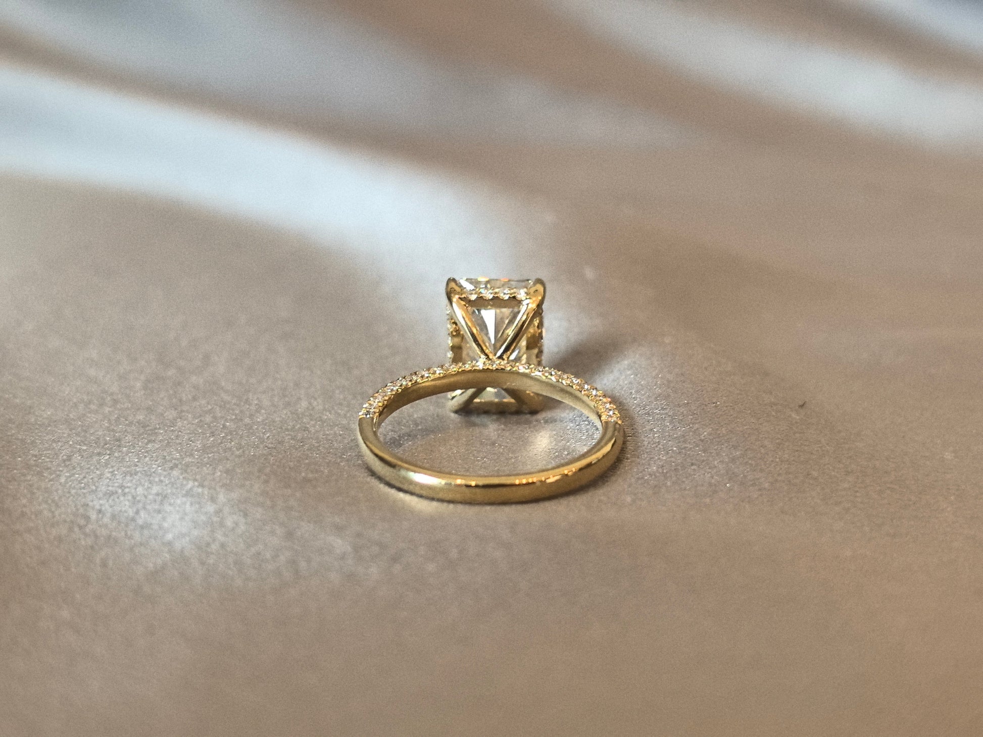 Radiant-cut lab diamond engagement ring - Hidden halo pave diamond ring - Four-prong Set