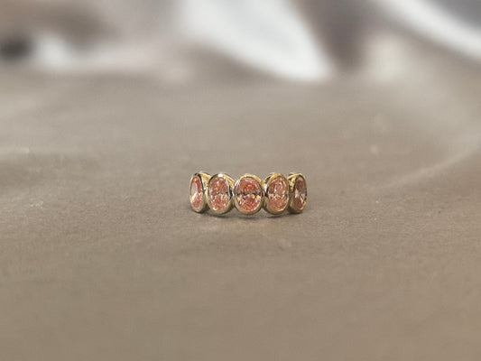 Oval-cut pink lab diamond half eternity ring - Bezel-set champagne diamond wedding band - Scratch-resistant setting