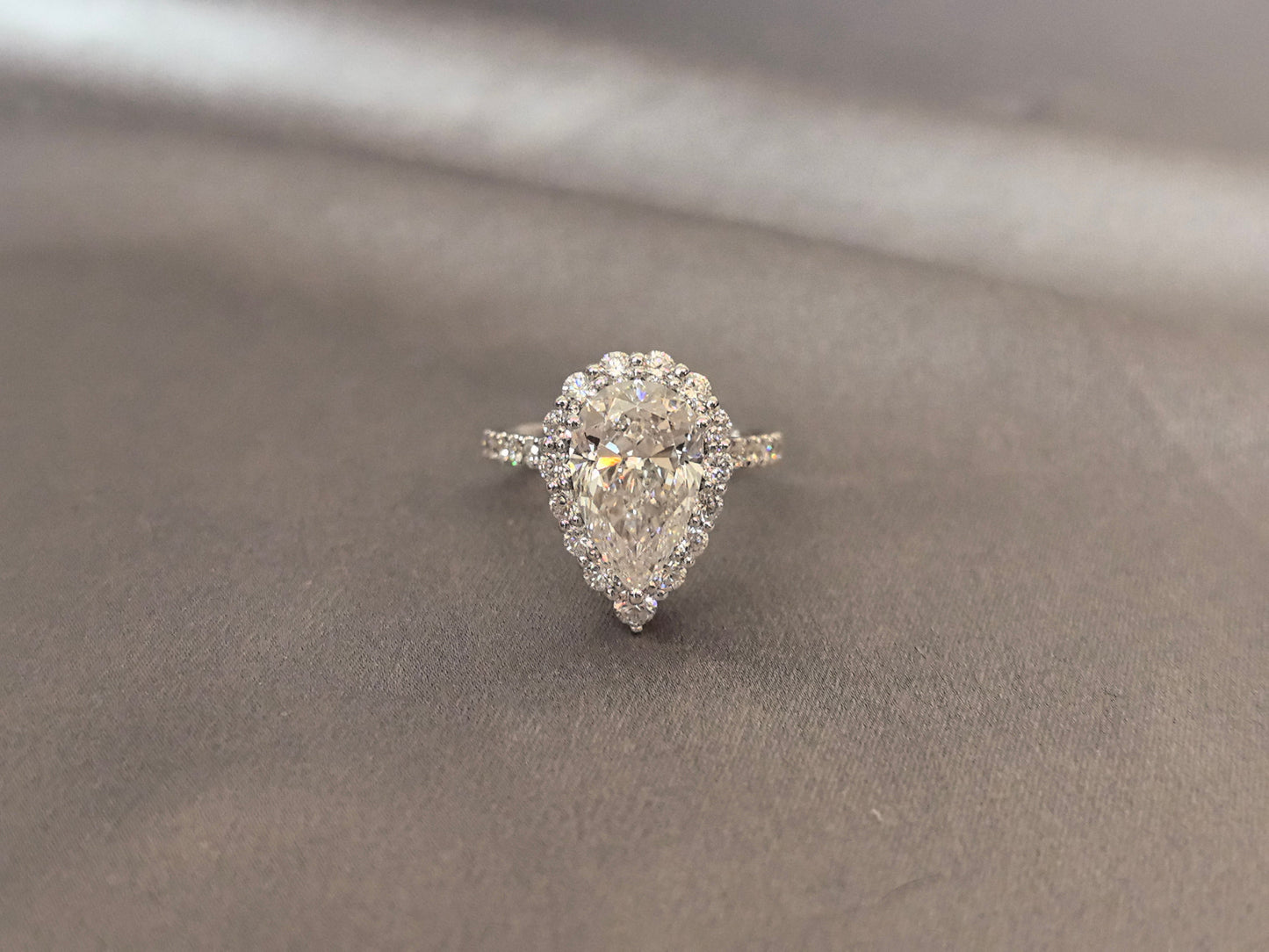 Pear-Cut Lab Diamond Halo Engagement Ring - Petal openwork design - Pave-Set Band