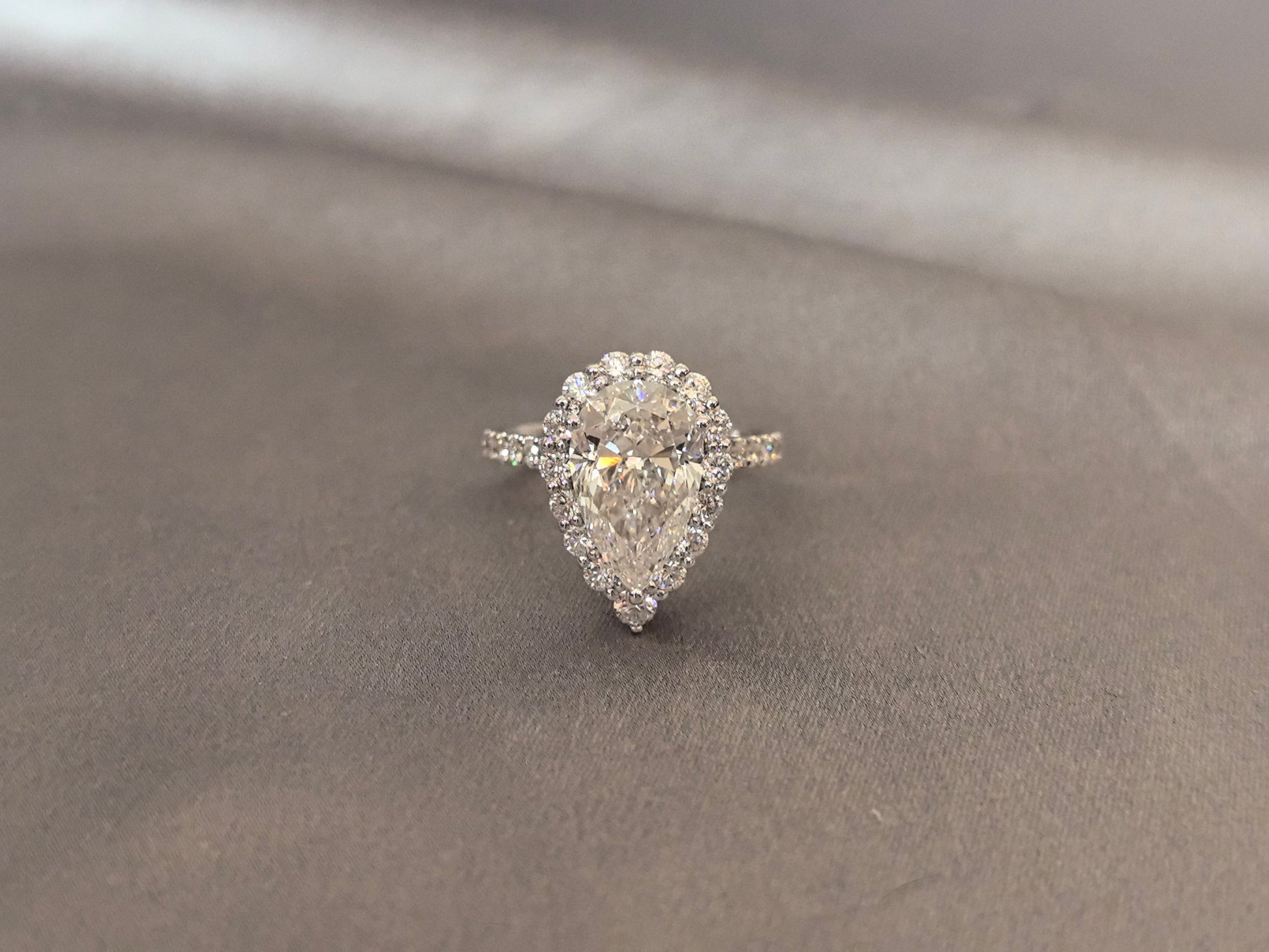 Pear-Cut Lab Diamond Halo Engagement Ring - Petal openwork design - Pave-Set Band