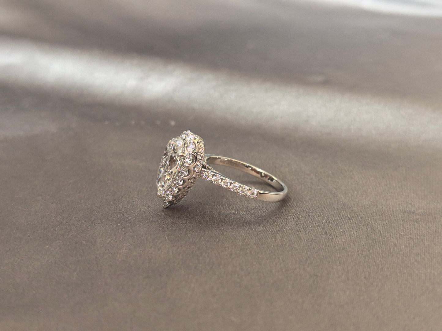 Pear-Cut Lab Diamond Halo Engagement Ring - Petal openwork design - Pave-Set Band