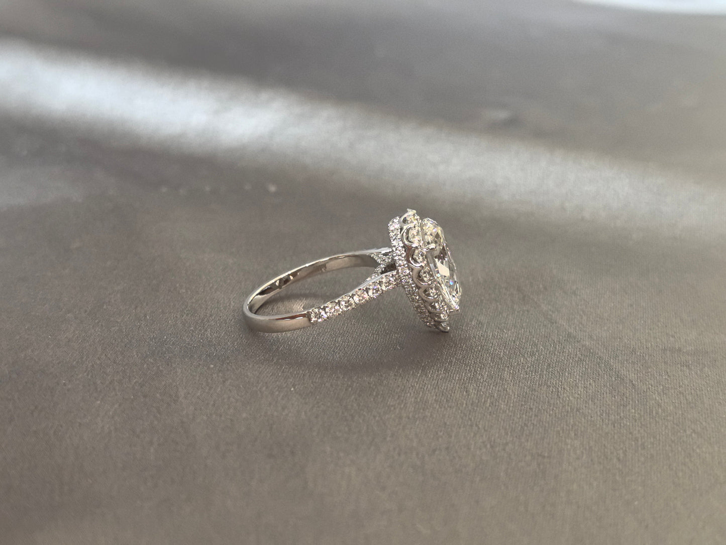 Pear-Cut Lab Diamond Halo Engagement Ring - Petal openwork design - Pave-Set Band