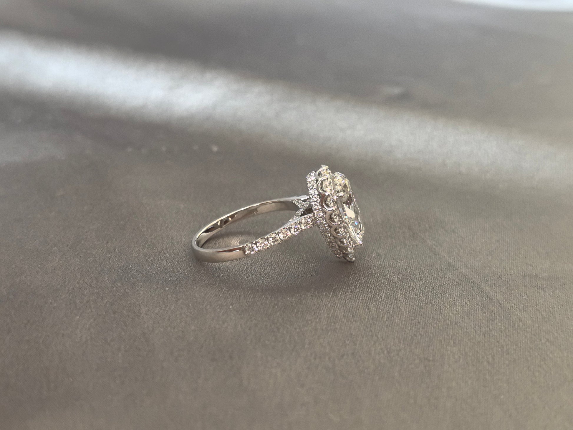 Pear-Cut Lab Diamond Halo Engagement Ring - Petal openwork design - Pave-Set Band