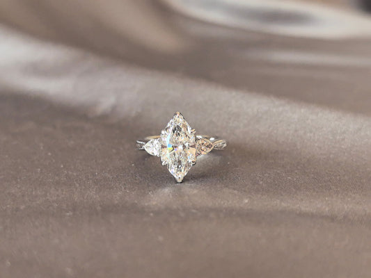 Marquise-Cut Lab-Grown Diamond Three-Stone Engagement Ring - Prong-Set - Refined Symmetrical Three-Stone Style