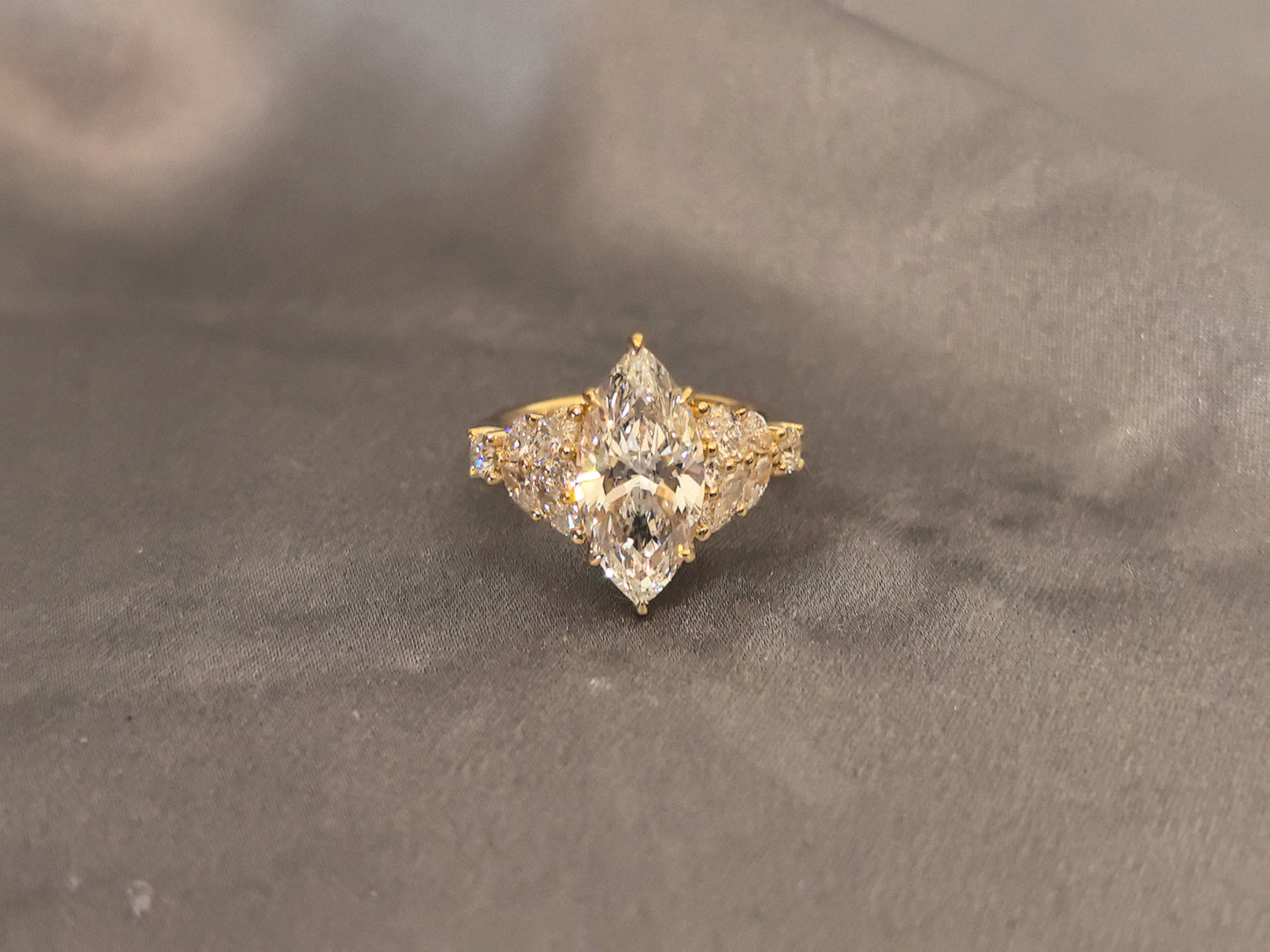 Prong-Set Marquise Diamond with Pear & Round Accents Ring - Polished High-Shine - Lightweight, Comfort-Fit ConstructionS