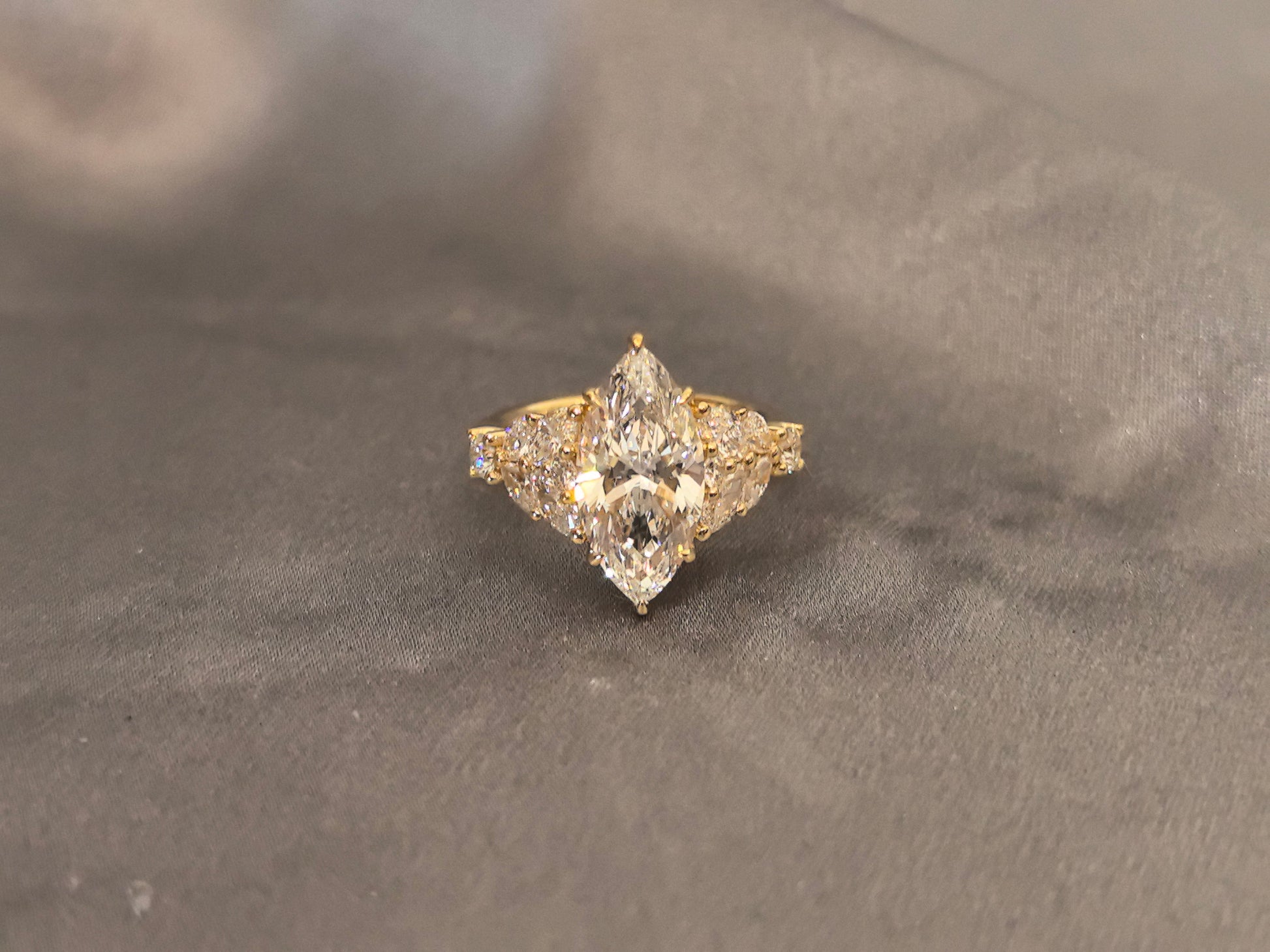 Prong-Set Marquise Diamond with Pear & Round Accents Ring - Polished High-Shine - Lightweight, Comfort-Fit ConstructionS