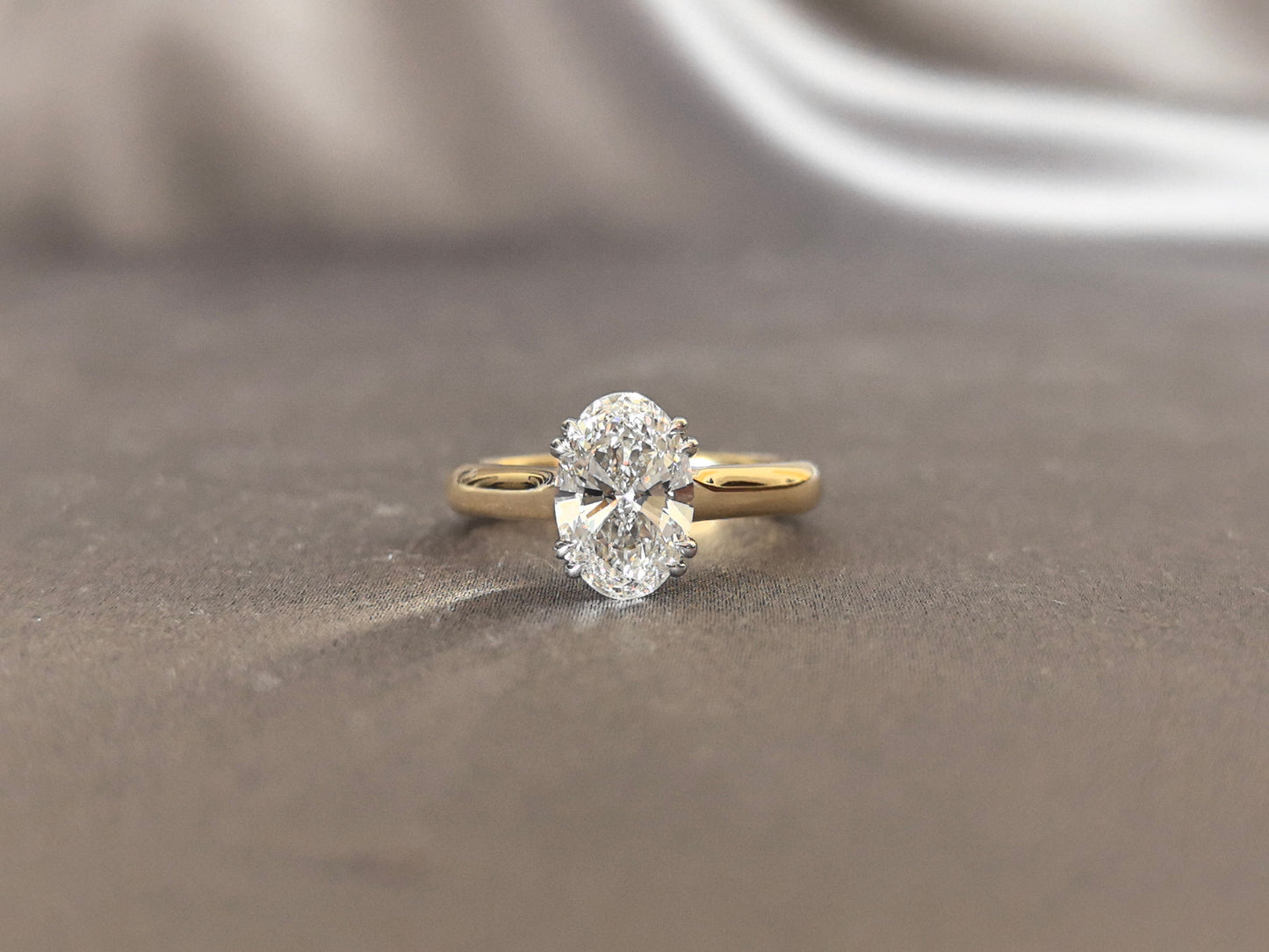 Oval-Cut Lab-Grown Diamond Two-Tone Solitaire Ring - Six-Prong-Set - Two-Tone Crisscross Basket Design