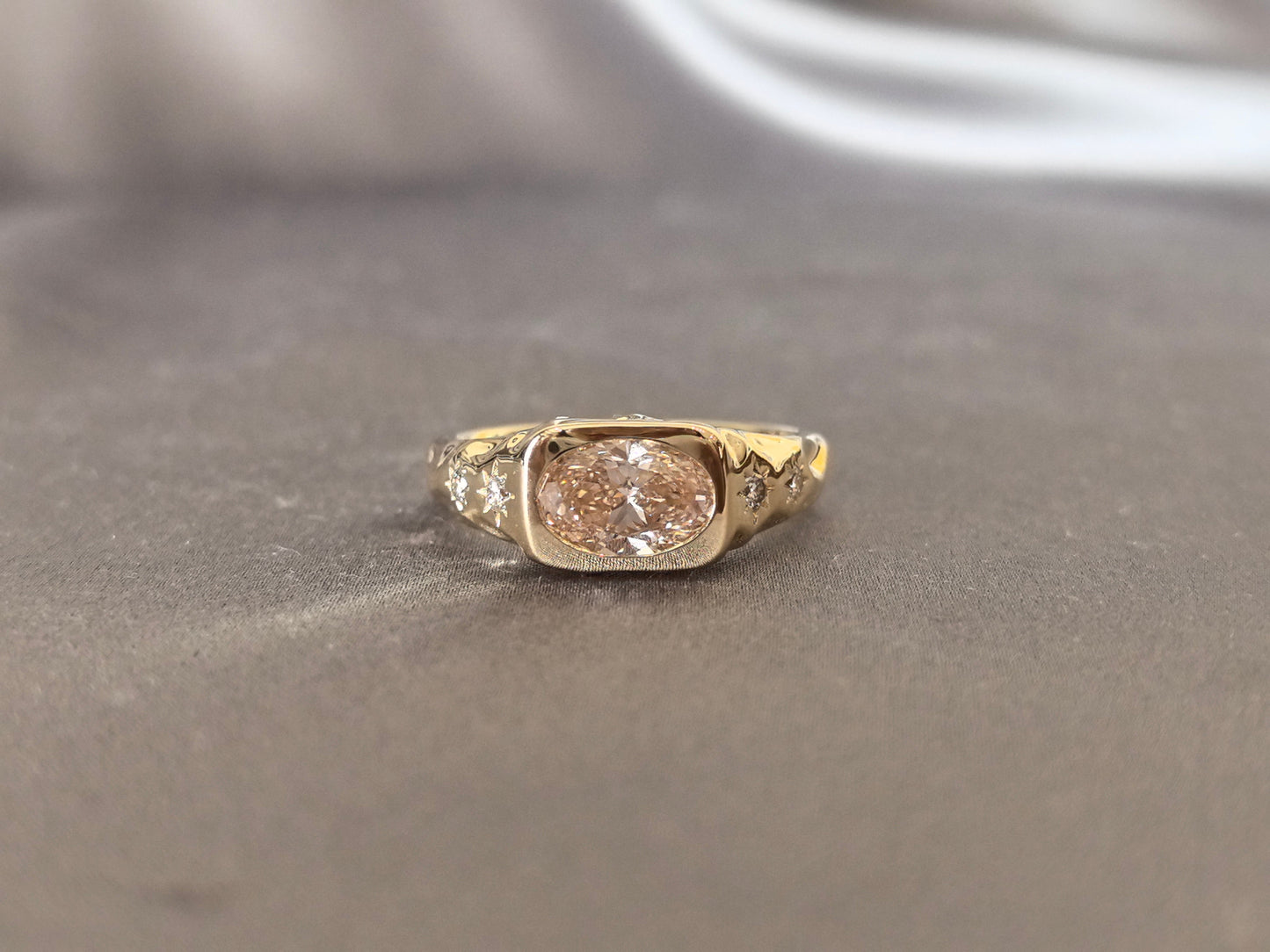 Oval-Cut Fancy Pink Diamond Bezel-Set Signet Ring - Starburst Accents - Versatile Layerable Statement Ring