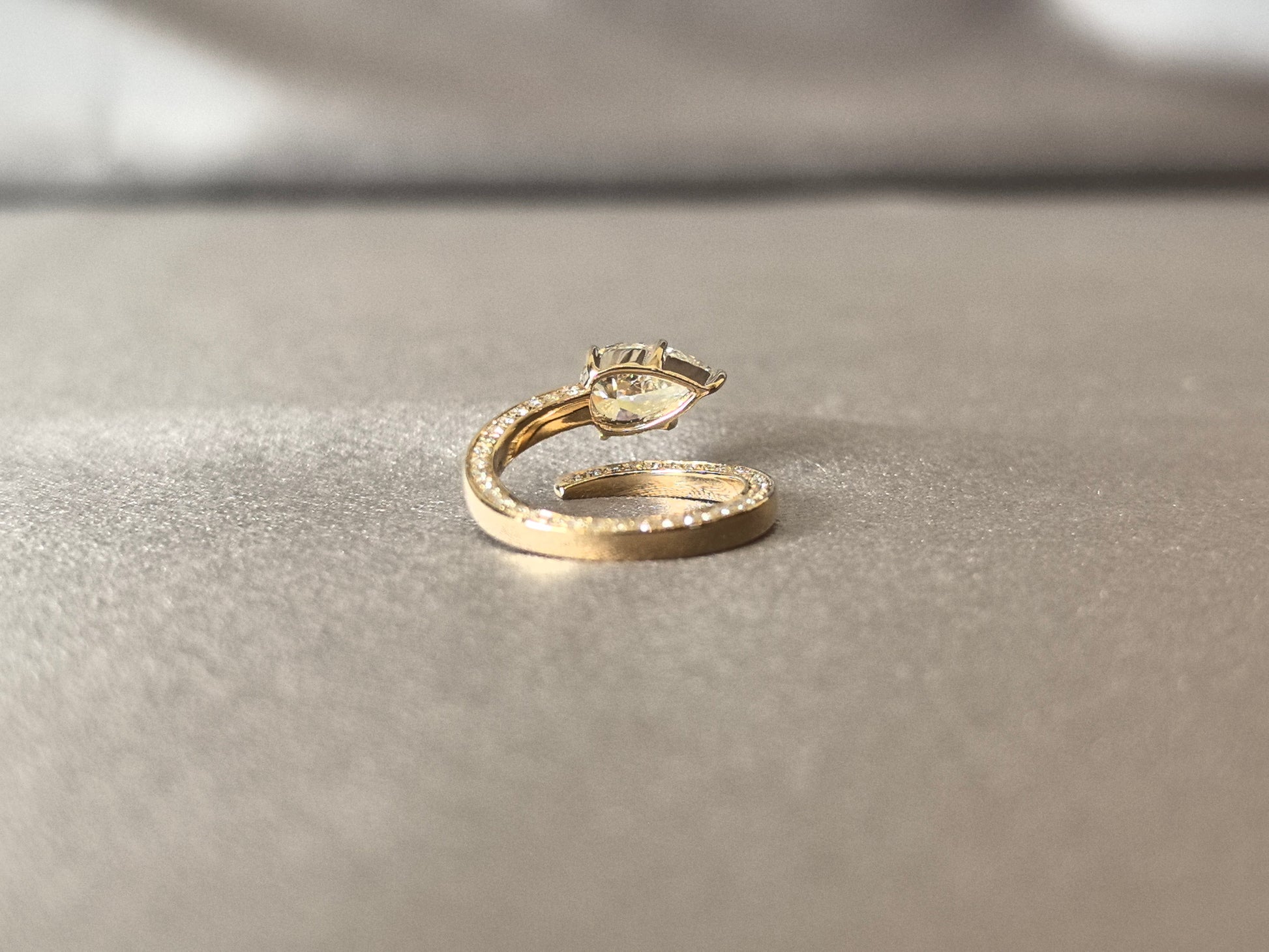 Pear-Cut Lab-Grown Diamond Bypass Solitaire Ring - Secure Prong-Set Pear-Cut & Pave Diamonds - Modern Bypass