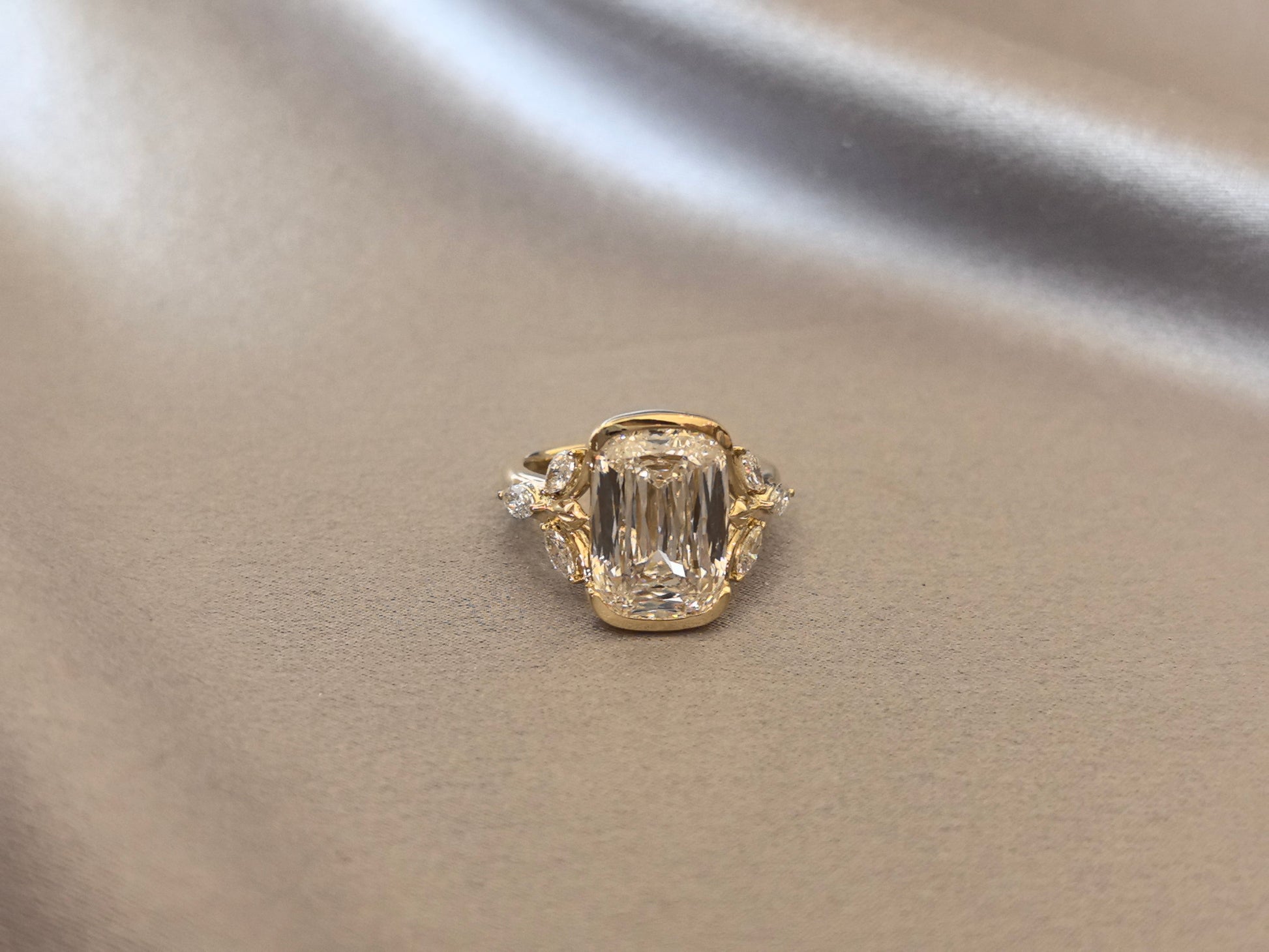 Radiant-Cut Diamond Engagement Ring - Leaf Accents - Partial Bezel-Set