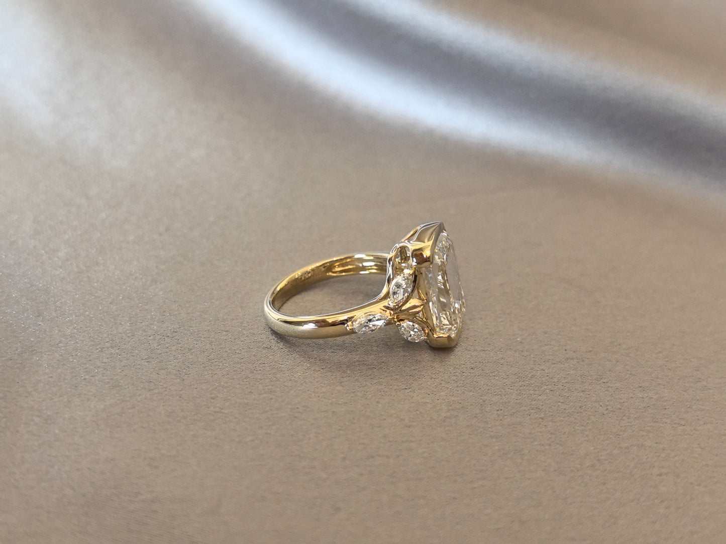 Radiant-Cut Diamond Engagement Ring - Leaf Accents - Partial Bezel-Set
